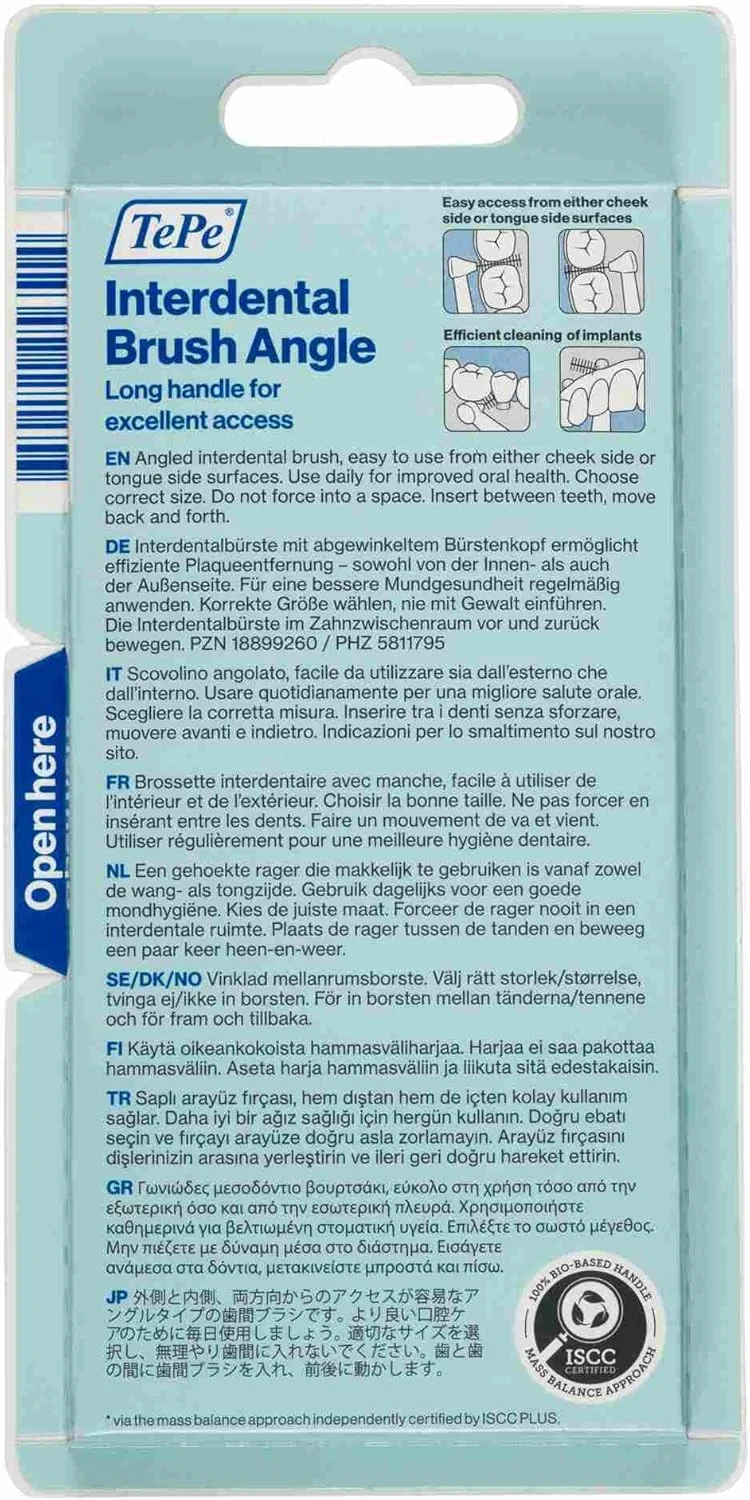 برس بین دندانی زاویه دار TePe، آبی، 0.6 میلی متر/ISO 3، 6 عدد، از بین برنده پلاک، تمیز کردن آسان و موثر بین دندان ها، نخ دندان برای فضاهای کوچک، بسته کارتنی