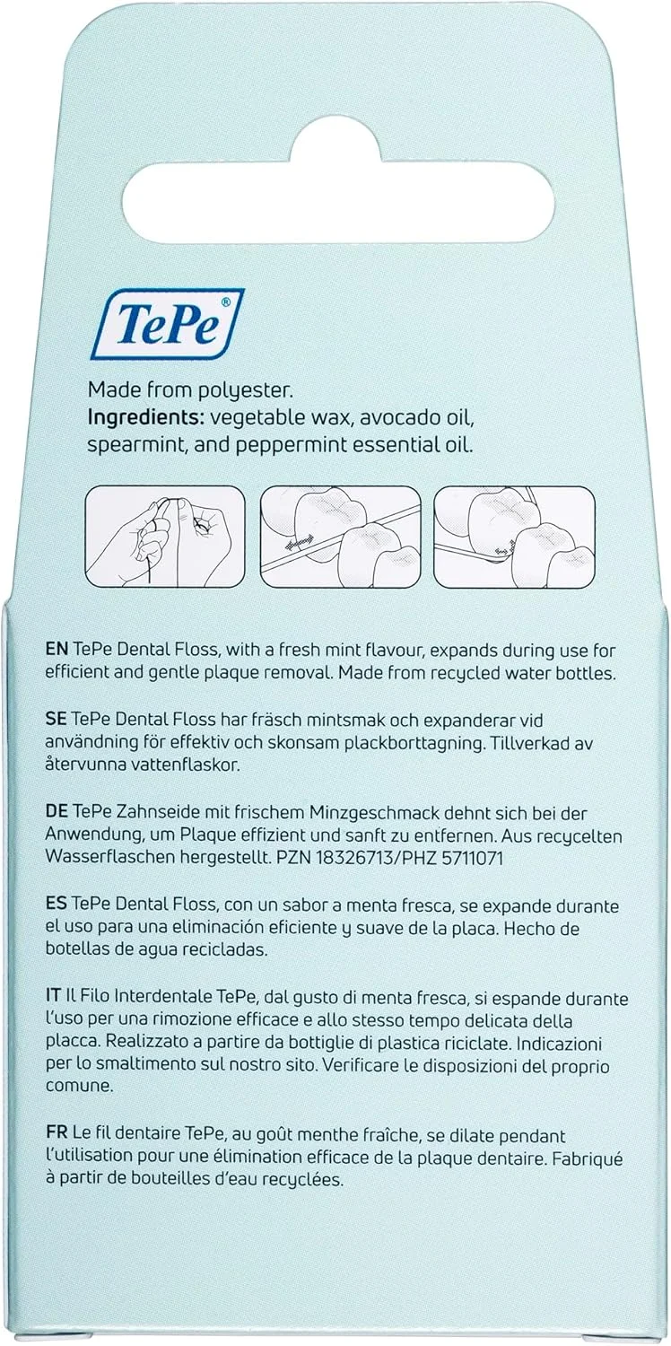 نخ دندان TePe، نخ دندان موم دار با طعم نعناع، نخ دندان قوی و منبسط شونده، بدون مواد شیمیایی PFAS، 40 متر