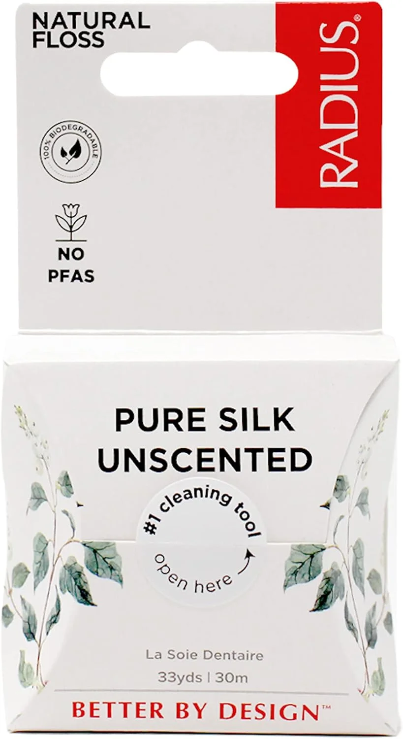 نخ دندان ابریشمی بدون عطر RADIUS، 30 متر، قابل کمپوست، غیر سمی، مراقبت از دهان و دندان و طراحی شده برای کمک به مبارزه با پلاک - بسته 3 عددی