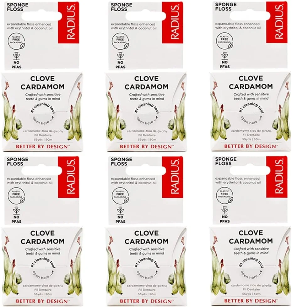 نخ دندان میخک و هل RADIUS، 50 متر، وگان و غیر سمی، تقویت کننده بهداشت دهان و دندان و طراحی شده برای کمک به مبارزه با پلاک - بسته 6 عددی