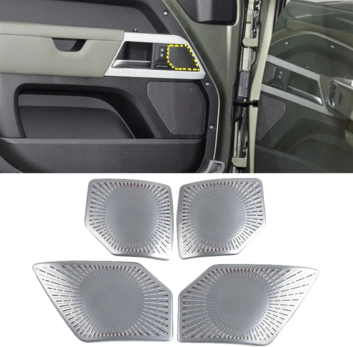 KUVISA برای لندرور، دیفندر 110 مدل 2020 2021 2022 لوازم جانبی خودرو تزئین بلندگو روکش درب محافظ توری بلندگو محافظ روکش بلندگوی خودرو (رنگ نقره ای-01)