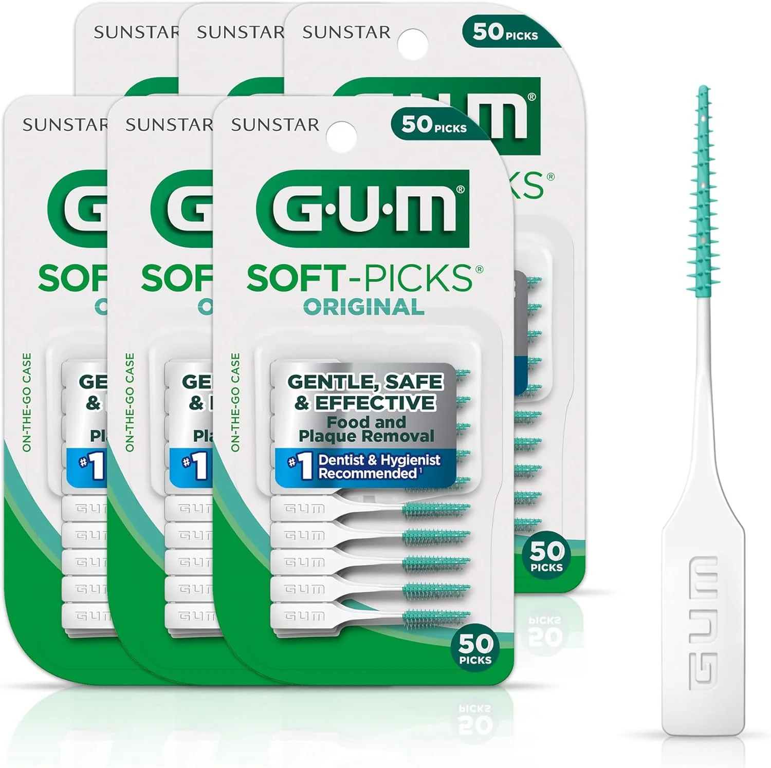 GUM Soft-Picks Original، خلال دندان های آسان برای استفاده برای تمیز کردن دندان ها و سلامت لثه، برس های بین دندانی یکبار مصرف با کیف حمل مناسب، خلال دندان های توصیه شده توسط دندانپزشک، 50 عدد (6 بسته)
