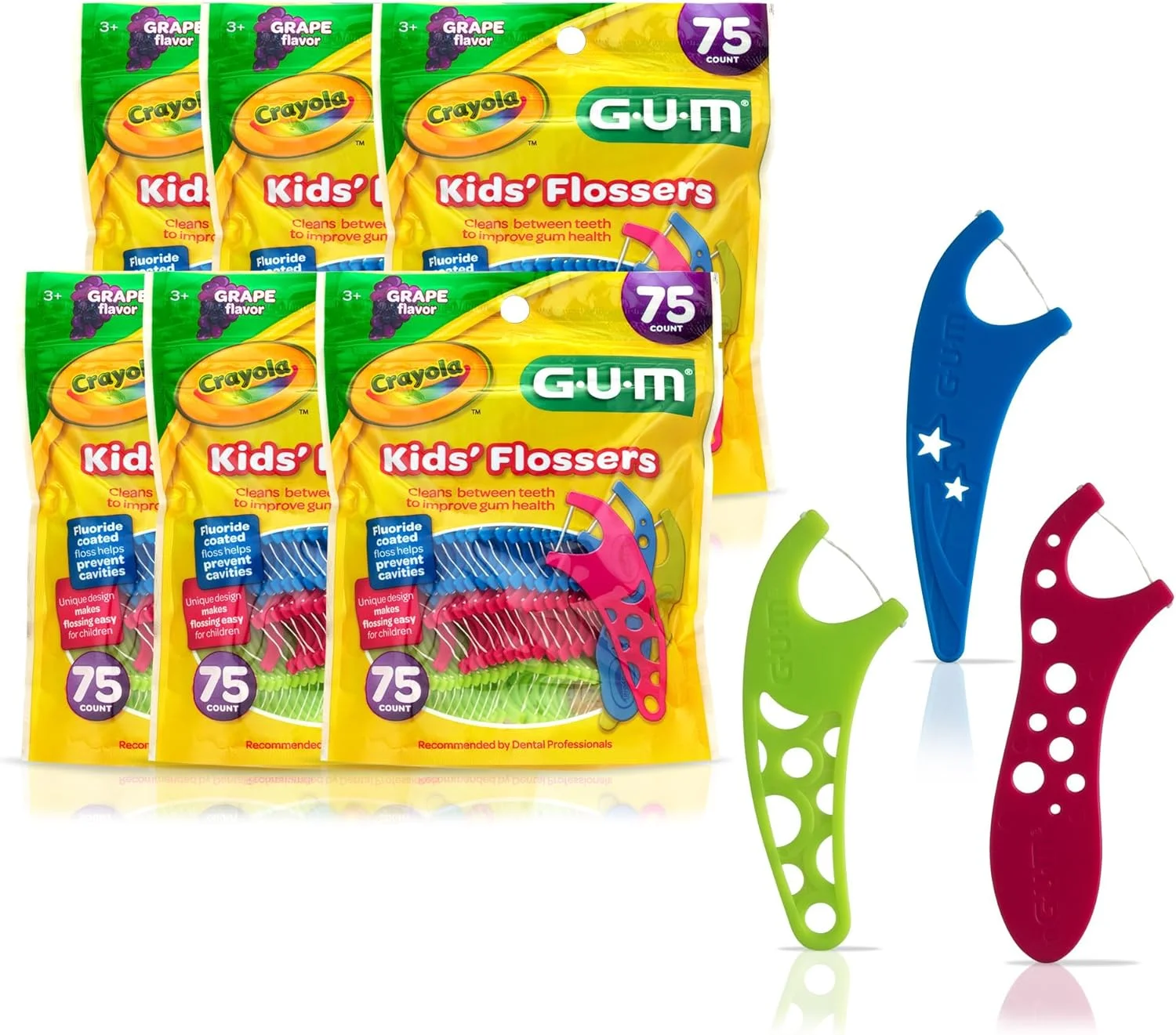 نخ دندان کمانی کودکان GUM Crayola با فلوراید - طراحی شده برای دستان کوچک - طعم انگور - استفاده آسان برای کودکان 3 سال به بالا، 75 عدد (6 بسته)