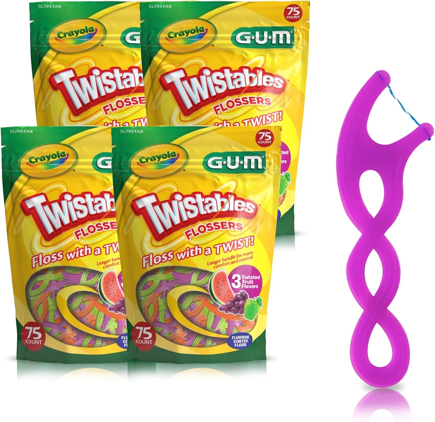 نخ دندان کودکان GUM-857R Crayola Twistables، روکش فلوراید، طعم میوه های پیچیده، 3 سال به بالا، 75 عدد (بسته 4 عددی)