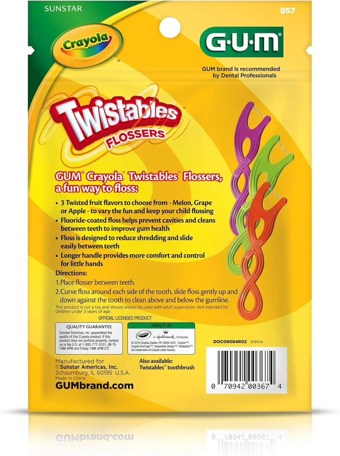 نخ دندان کودکان GUM-857R Crayola Twistables، روکش فلوراید، طعم میوه های پیچیده، 3 سال به بالا، 75 عدد (بسته 4 عددی)