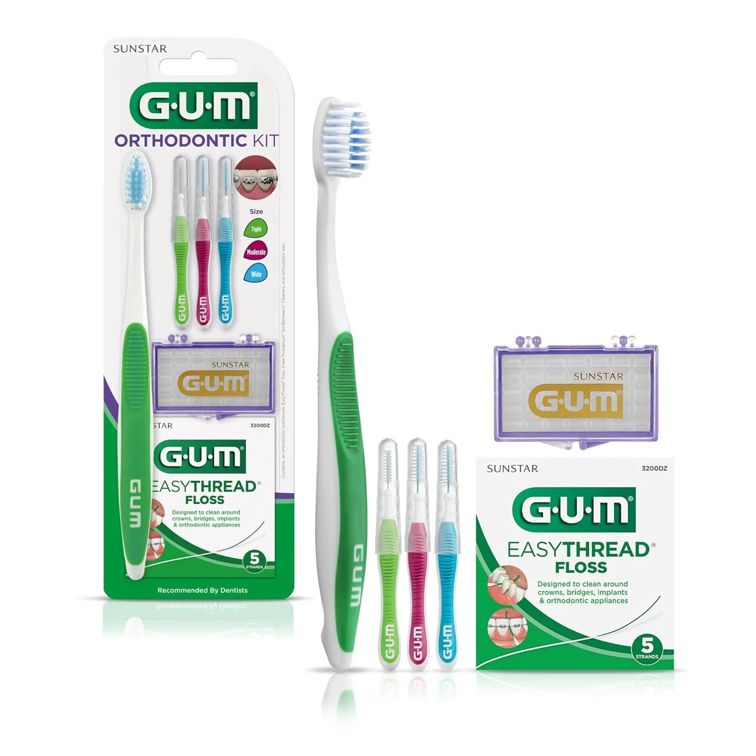 کیت ارتودنسی GUM - 124KK - شامل مسواک ارتودنسی، 3 سایز پراکسی براش، نخ دندان ایزی ترید و موم ارتودنسی نعنایی