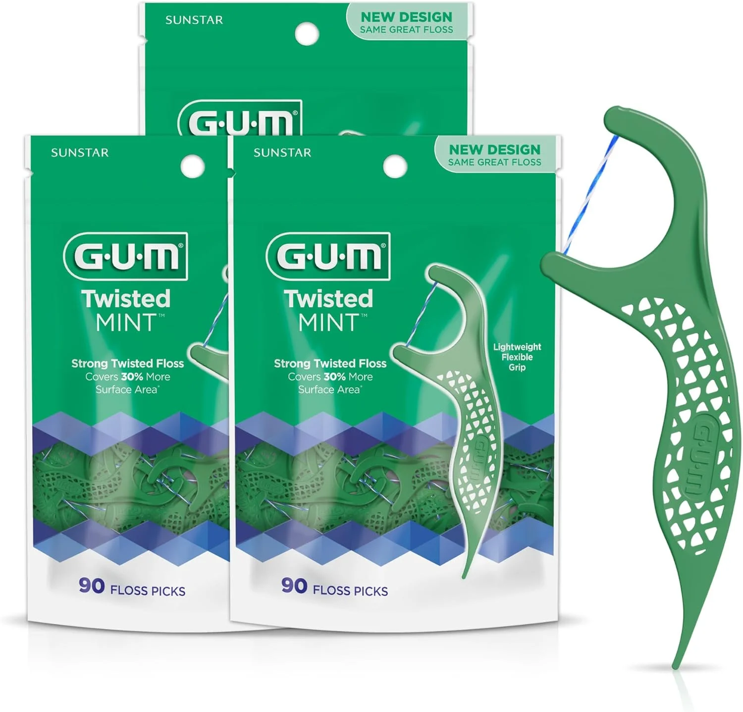 نخ دندان کمانی نعنایی GUM - نخ های تابیده، نخ دندان مقاوم در برابر ریش ریش شدن، دسته با طراحی ارگونومیک، 90 عدد (بسته 3 عددی)