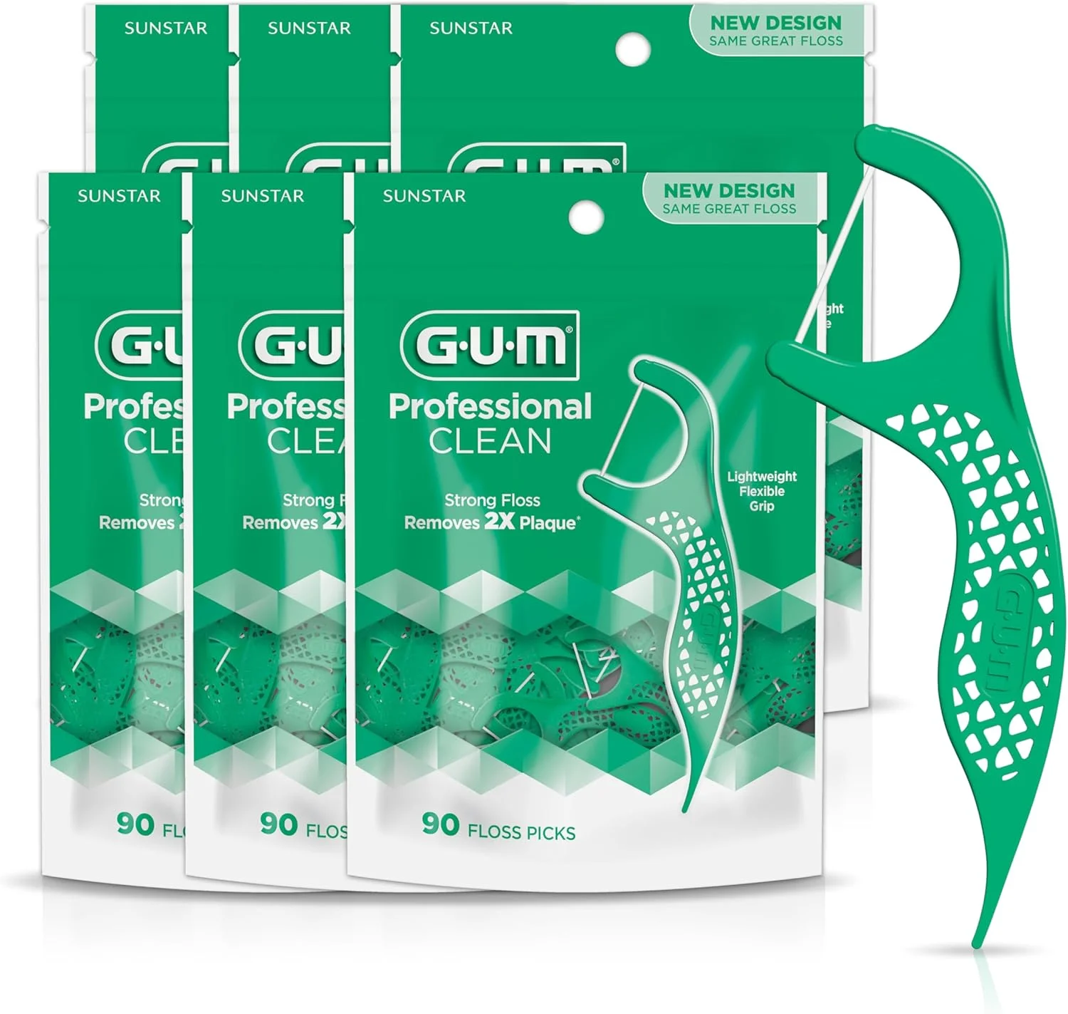 نخ دندان کمانی حرفه ای GUM - نخ دندان بسیار قوی و مقاوم در برابر ریش ریش شدن، دسته با طراحی ارگونومیک - نخ دندان برای بزرگسالان - طعم نعناع تازه، 90 عدد (بسته 6 عددی)