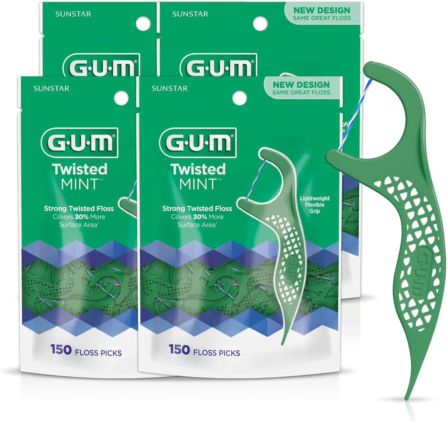 نخ دندان کمانی نعنایی تابیده GUM - نخ های تابیده، نخ مقاوم در برابر ریش ریش شدن، دسته با گرفتن آسان، 150 عدد (بسته 4 عددی)