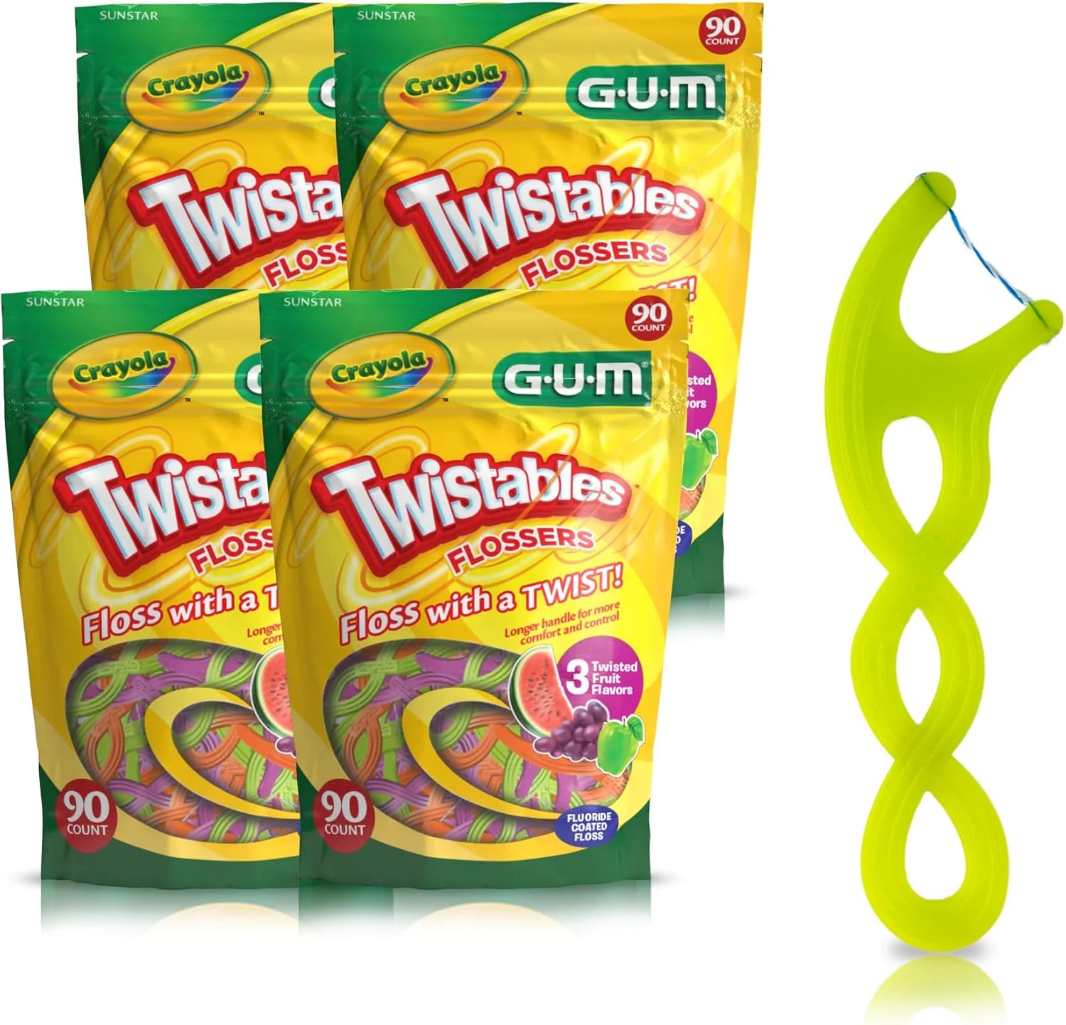 نخ دندان کودکان GUM Crayola Twistables با فلوراید - طراحی شده برای دستان کوچک - سه طعم میوه ای سرگرم کننده - انتخاب آسان نخ دندان برای کودکان 3 سال به بالا، 90 عدد (بسته 4 عددی)