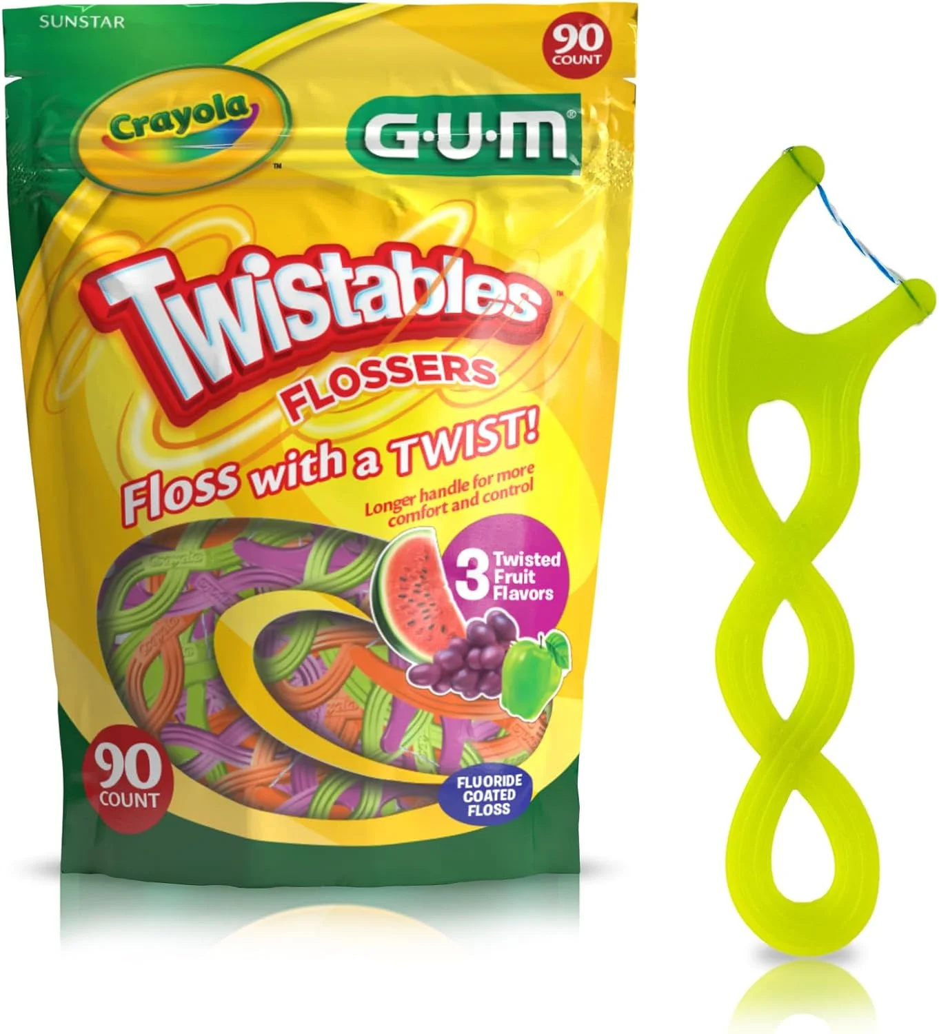 نخ دندان کودکان GUM Twistables با فلوراید - طراحی شده برای دستان کوچک - سه طعم میوه ای سرگرم کننده - استفاده آسان برای کودکان 3 سال به بالا، 90 عدد