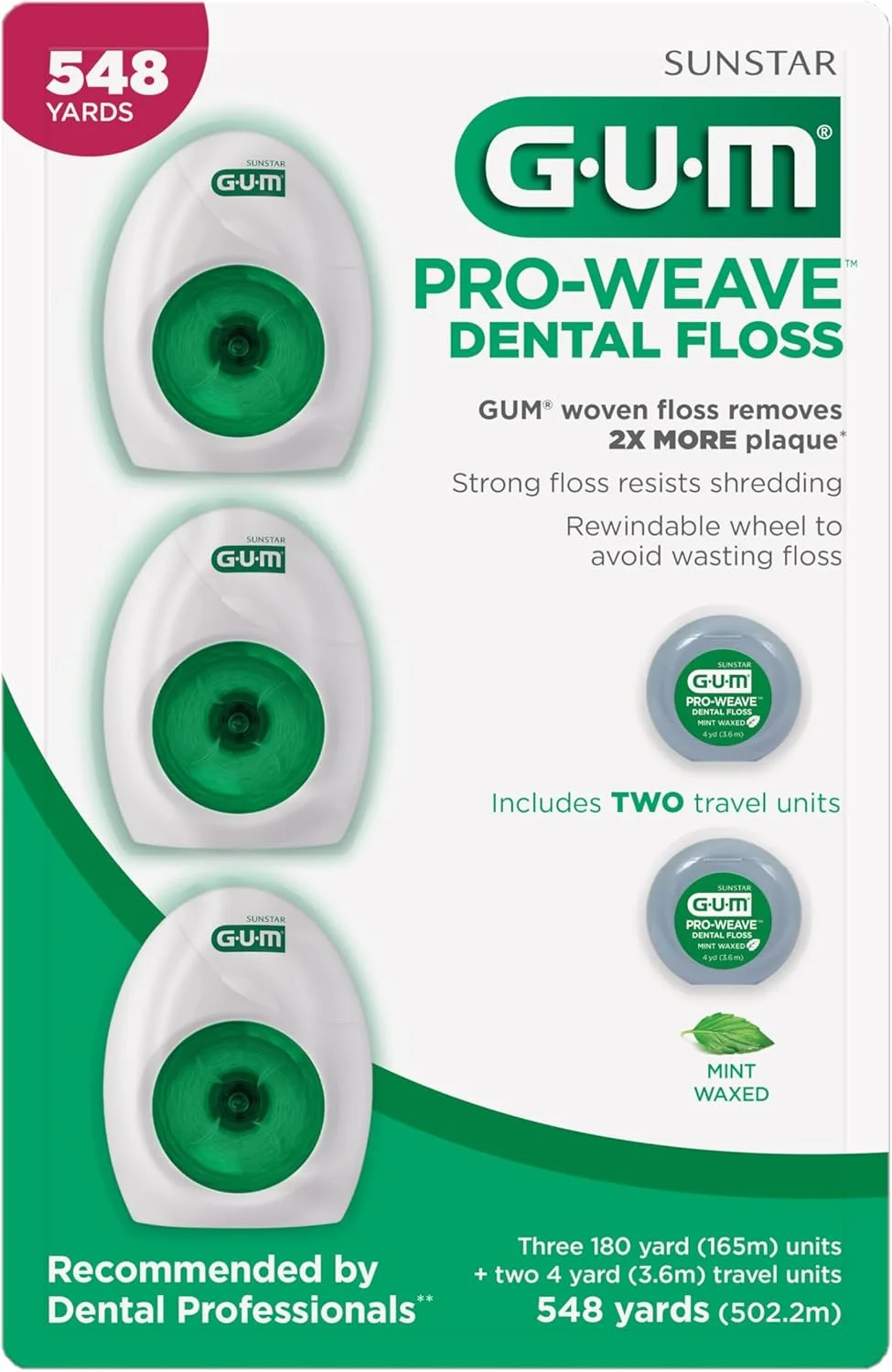 نخ دندان بافته شده Gum Pro Weave، از بین برنده 2 برابر بیشتر پلاک، مقاوم در برابر ساییدگی، بسته 3 عددی به همراه 2 واحد مسافرتی