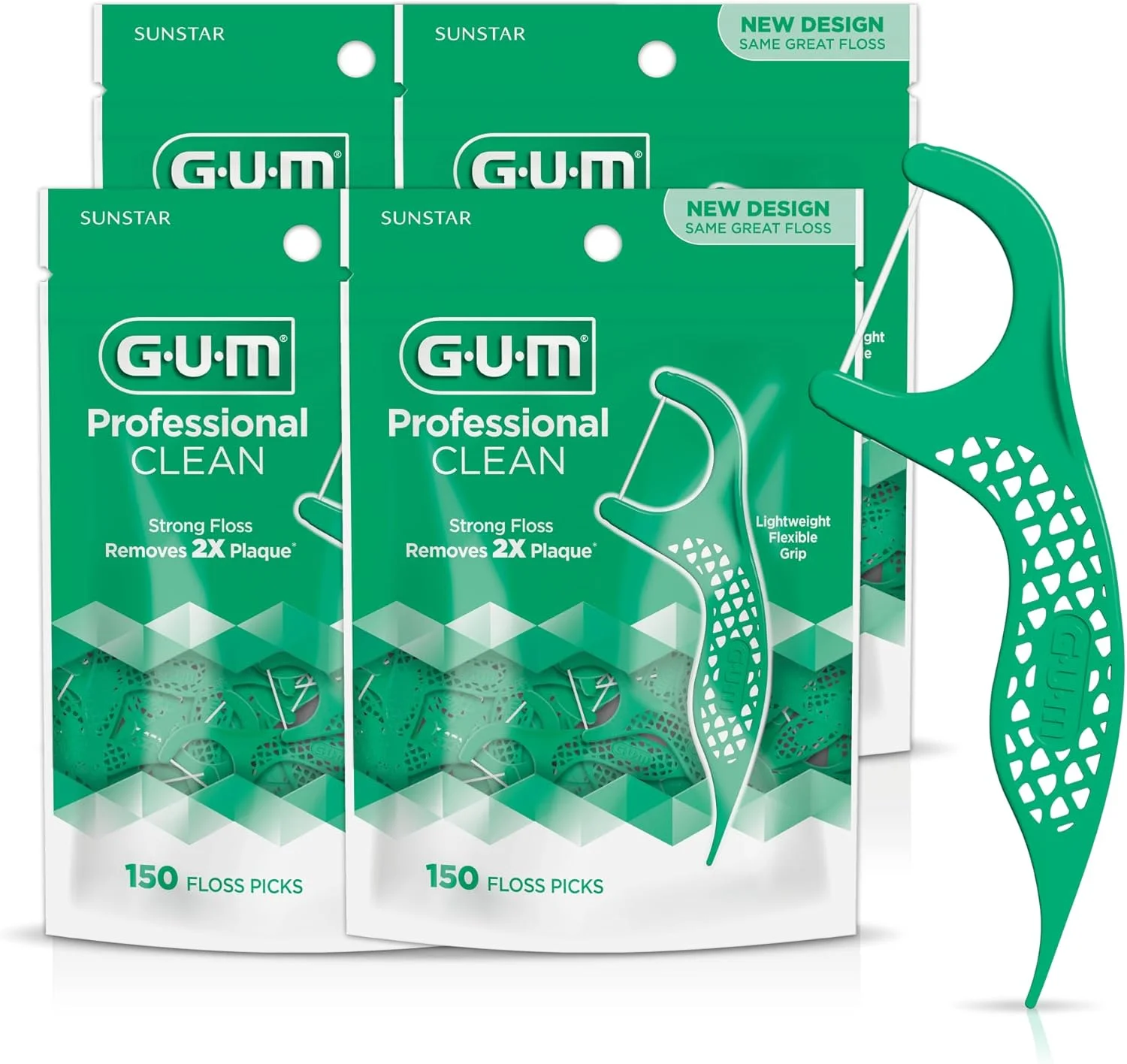 نخ دندان کمانی حرفه ای GUM - نخ دندان بسیار قوی و مقاوم در برابر ریش ریش شدن، دسته با طراحی ارگونومیک - نخ دندان برای بزرگسالان - طعم نعناع تازه، 150 عدد (بسته 4 عددی)