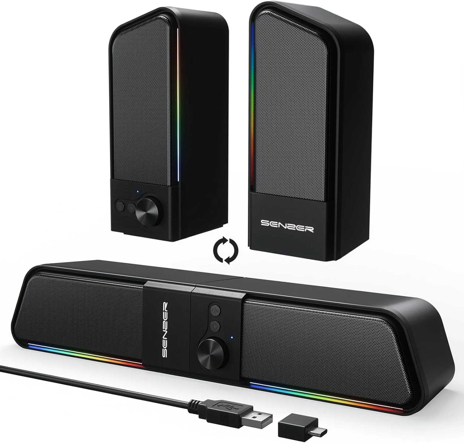 اسپیکر کامپیوتر بلوتوثی 2 در 1 SENZER CS20 برای کامپیوتر رومیزی، اسپیکرهای USB Plug & Play با صدای شفاف و نور RGB، ساندبار مانیتور با دکمه تنظیم صدا، اسپیکر گیمینگ برای لپ تاپ، تلفن و تبلت