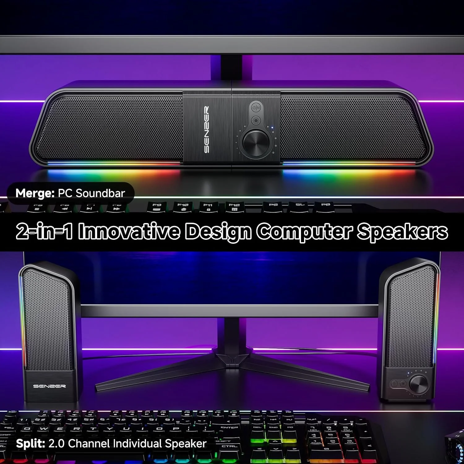 اسپیکر کامپیوتر بلوتوثی 2 در 1 SENZER CS20 برای کامپیوتر رومیزی، اسپیکرهای USB Plug & Play با صدای شفاف و نور RGB، ساندبار مانیتور با دکمه تنظیم صدا، اسپیکر گیمینگ برای لپ تاپ، تلفن و تبلت