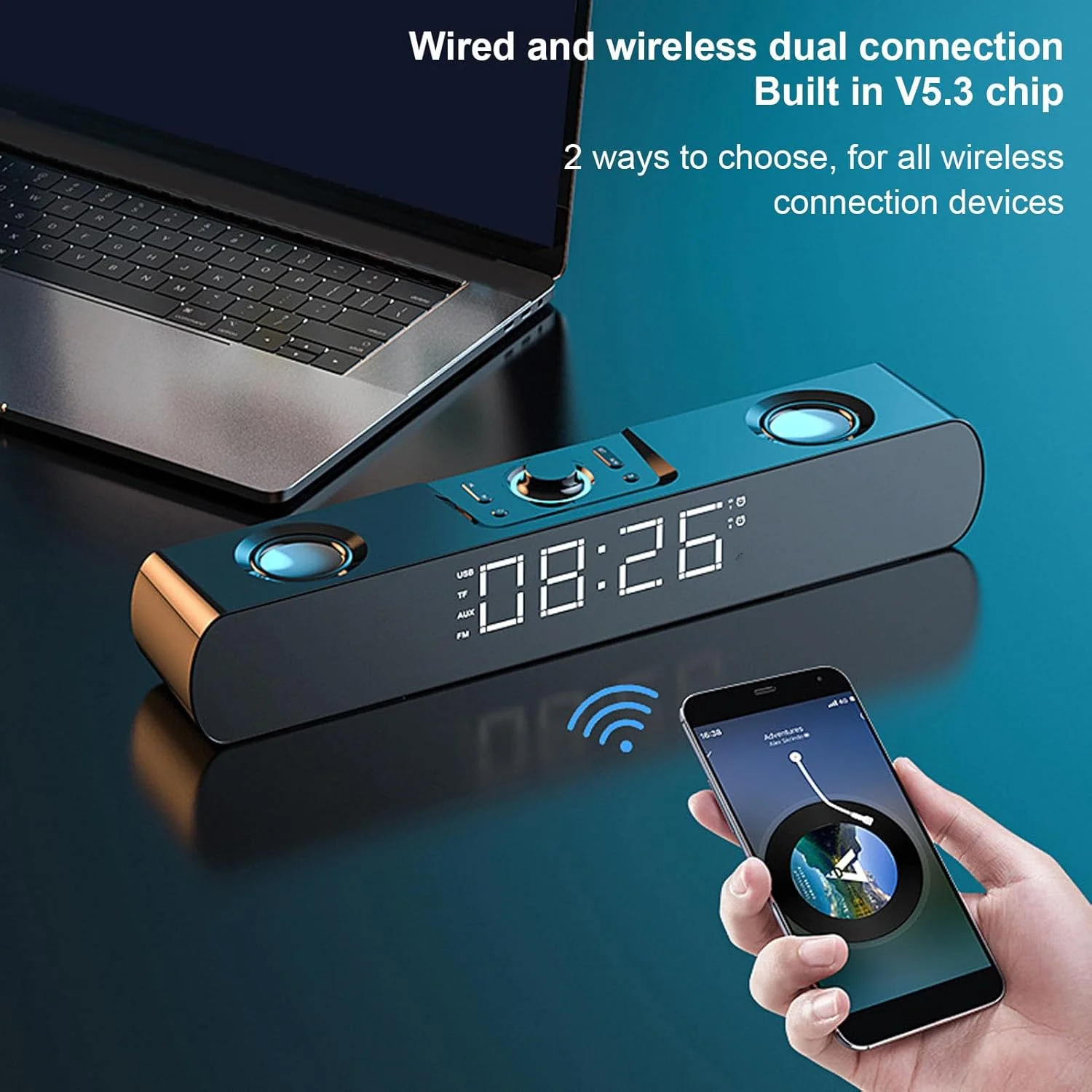 اسپیکر بلوتوثی Zunate، ساندبار کامپیوتر رومیزی، اسپیکر گیمینگ HiFi استریو USB با سیم AUX - دارای ساب ووفر داخلی، ساعت زنگ دار، رادیو FM برای لپ تاپ و کامپیوتر (مشکی)