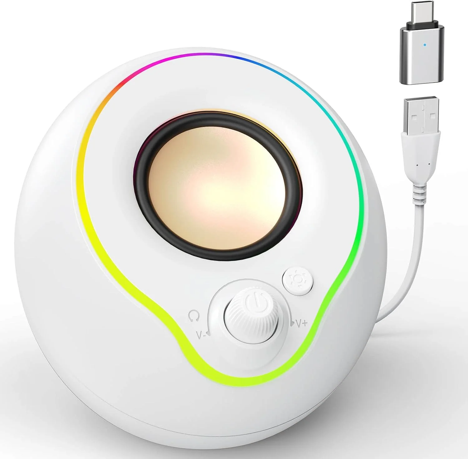 اسپیکر کامپیوتر USB لنرو، اسپیکر لپ تاپ، اتصال آسان، صدای بلند و واضح، دسترسی آسان به دکمه تنظیم صدا، با آداپتور Type C، نورهای رنگارنگ، برای دسکتاپ، کامپیوتر، لپ تاپ، تلفن (سفید)