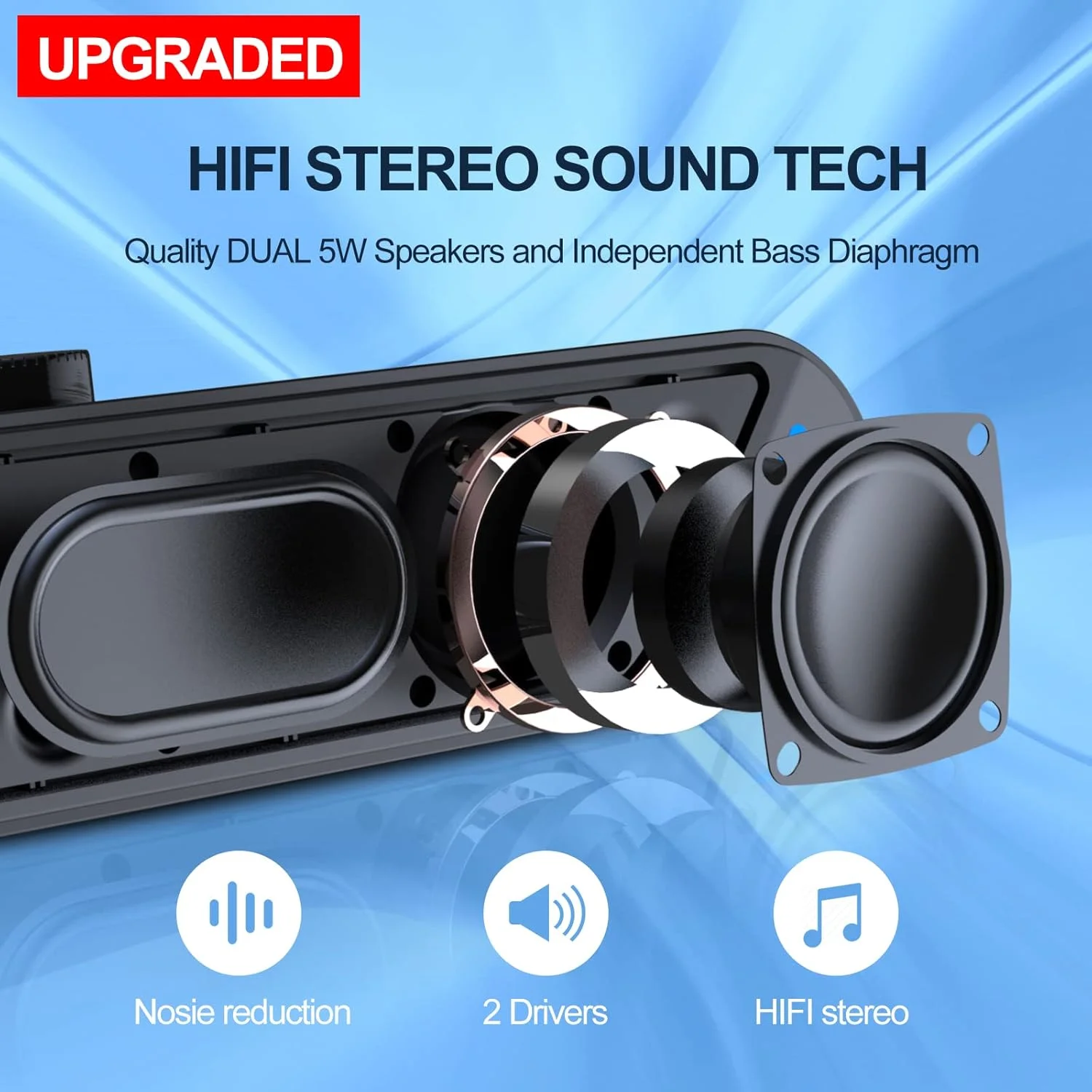 اسپیکر کامپیوتر LENRUE، ساندبار سیم دار با USB و صدای استریو 10 واتی برای کامپیوتر رومیزی، Plug-n-Play (A39PRO / مشکی)