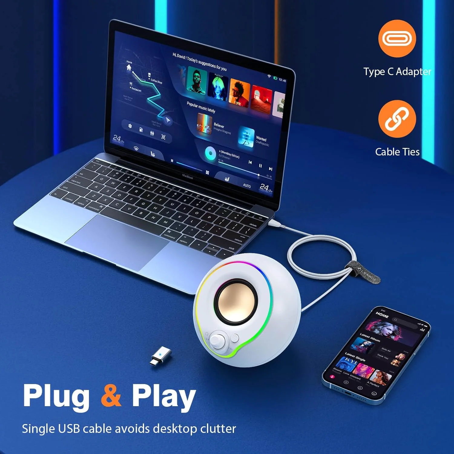 اسپیکر کامپیوتر USB لنرو، اسپیکر لپ تاپ، اتصال آسان، صدای بلند و واضح، دسترسی آسان به دکمه تنظیم صدا، با آداپتور Type C، نورهای رنگارنگ، برای دسکتاپ، کامپیوتر، لپ تاپ، تلفن (سفید)