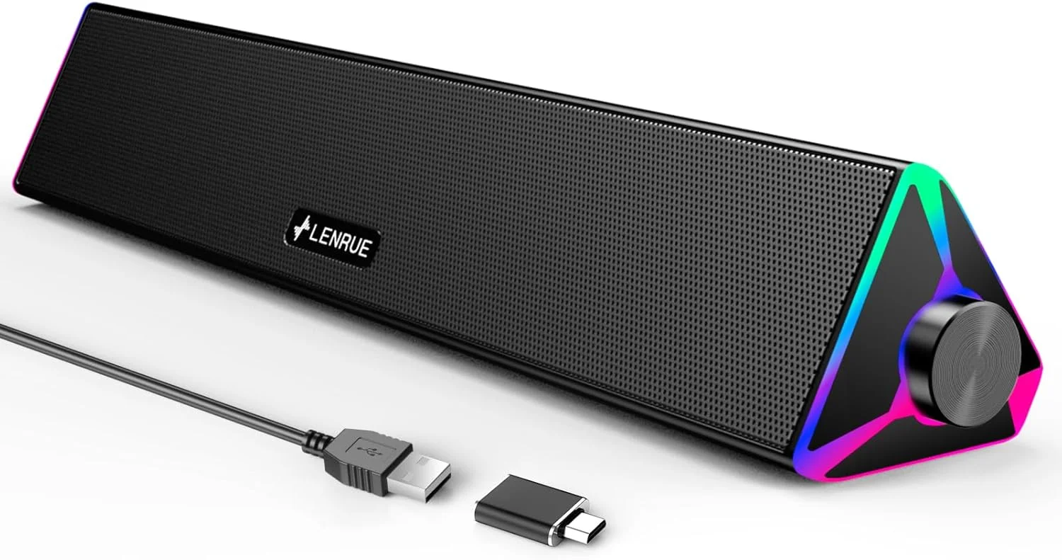 اسپیکر کامپیوتر LENRUE برای کامپیوتر رومیزی، اسپیکرهای کامپیوتر با USB تکی برای برق و صدای استریو، نوار صوتی اسپیکرهای بازی با نور لمسی برای مانیتور کامپیوتر رومیزی لپ تاپ (شامل آداپتور USB-C)