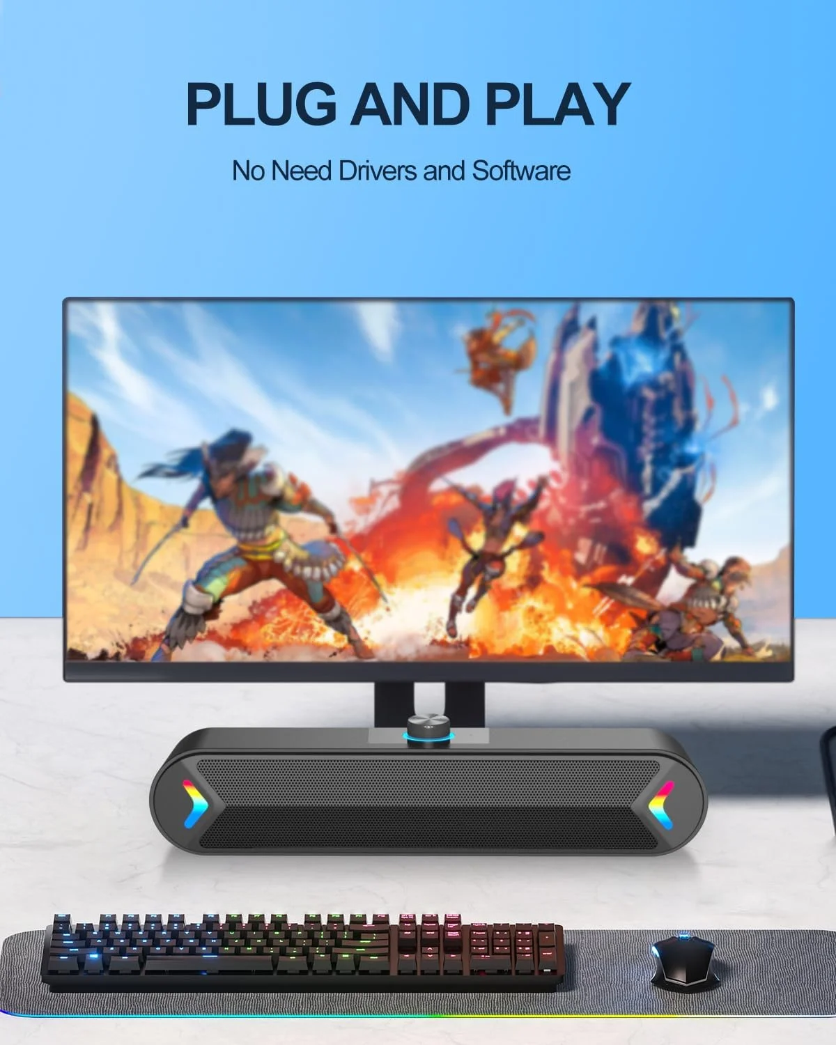 اسپیکر کامپیوتر LENRUE، ساندبار سیم دار با USB و صدای استریو 10 واتی برای کامپیوتر رومیزی، Plug-n-Play (A39PRO / مشکی)