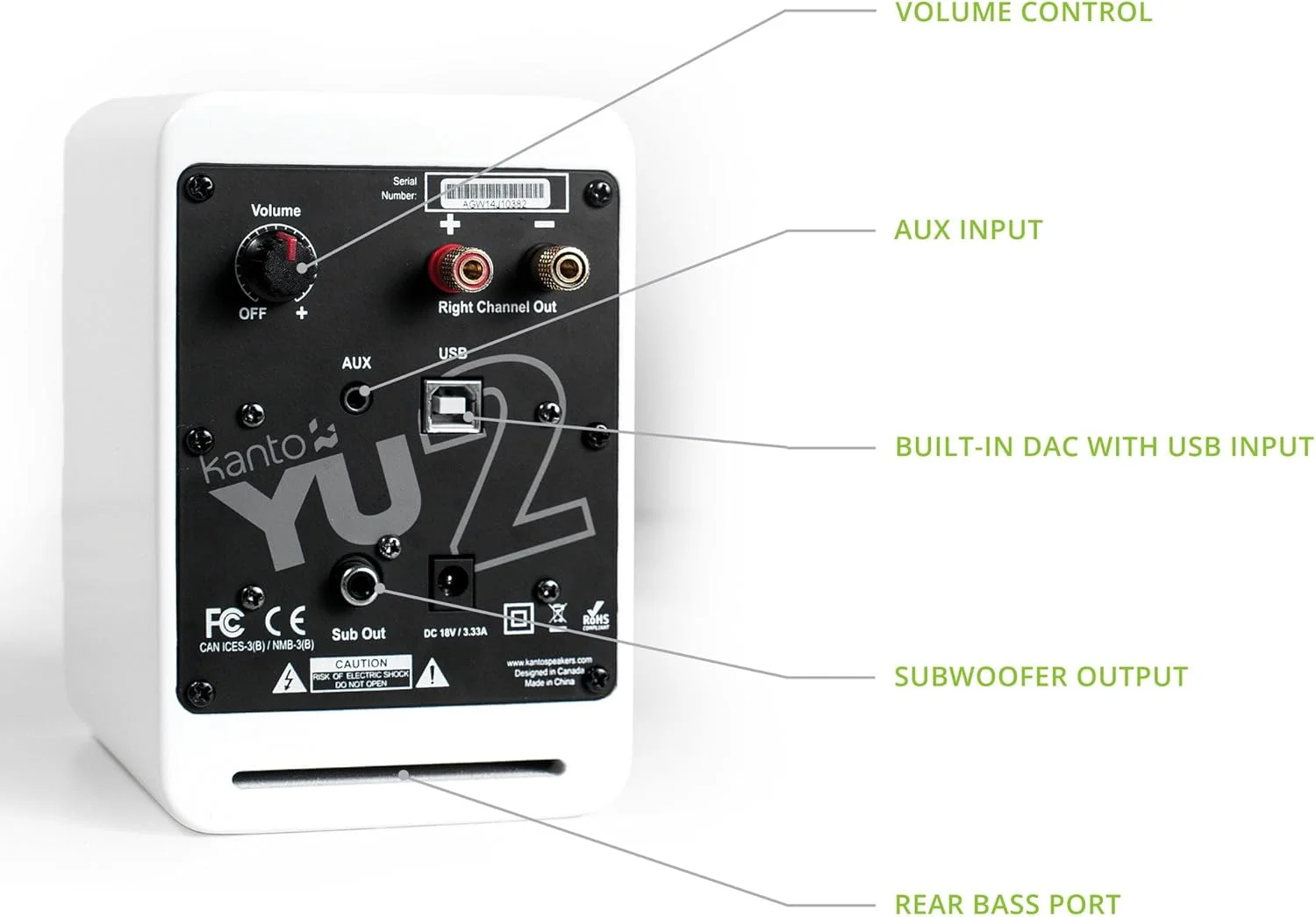 اسپیکرهای رومیزی تقویت شده Kanto YU2 | درایورهای کامپوزیت 3 اینچی | توییتر گنبدی ابریشمی 3/4 اینچی | آمپلی فایر کلاس D | 100 وات | DAC USB داخلی | خروجی ساب ووفر | سفید مات | جفت