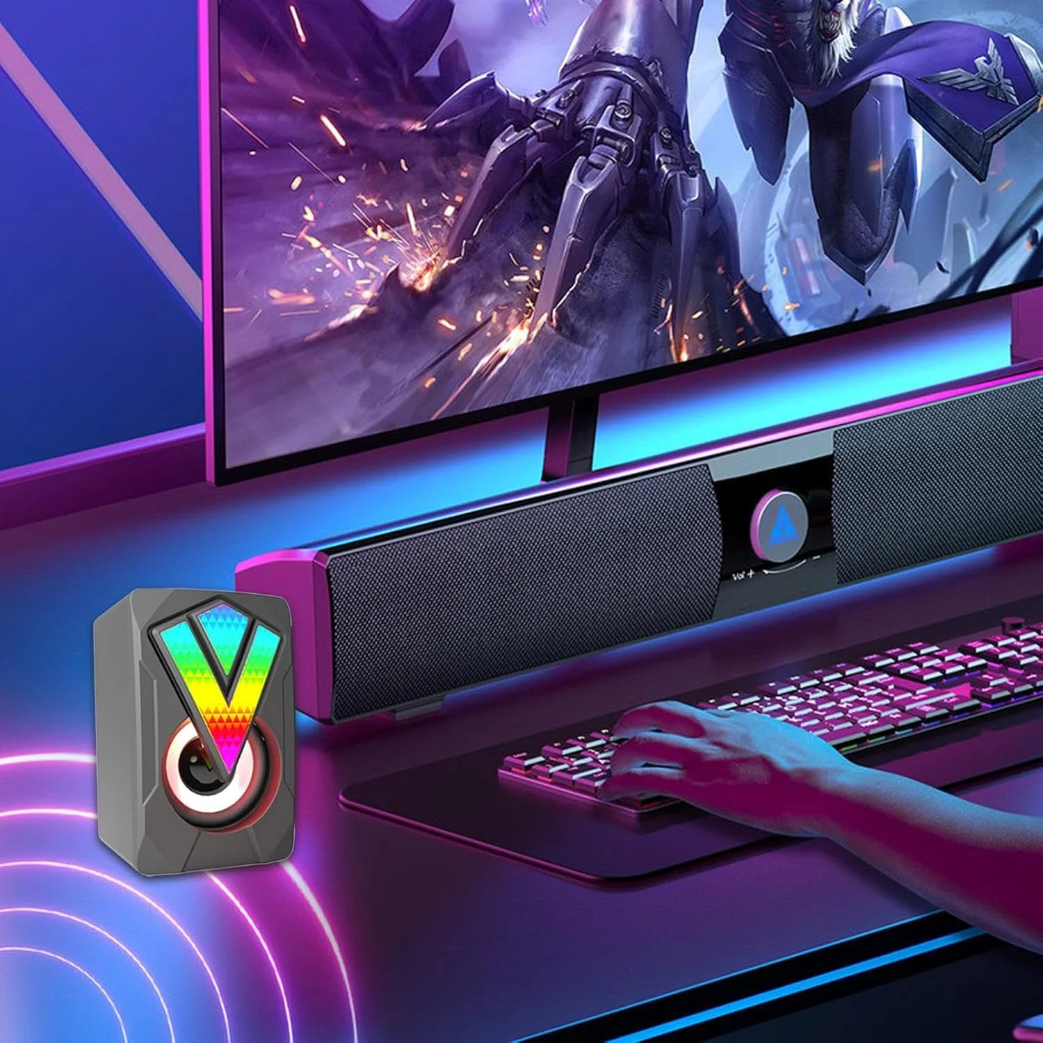 اسپیکرهای رومیزی RGB، اسپیکر رومیزی برای مانیتور بازی - اسپیکرهای سیمی چند رسانه ای USB با نورپردازی برای کامپیوتر، لپ تاپ، میز کار، منزل