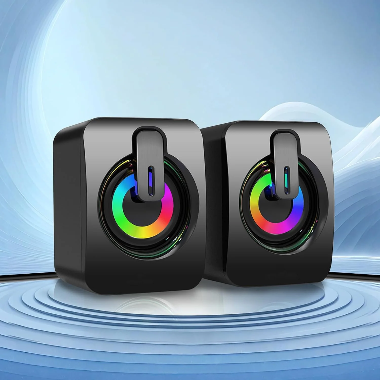 اسپیکرهای رومیزی سیمی 2.0 با ورودی USB و AUX 3.5 میلی‌متری - نسخه لایت با نورپردازی دینامیک RGB، برای کامپیوتر، لپ‌تاپ، بازی و موسیقی