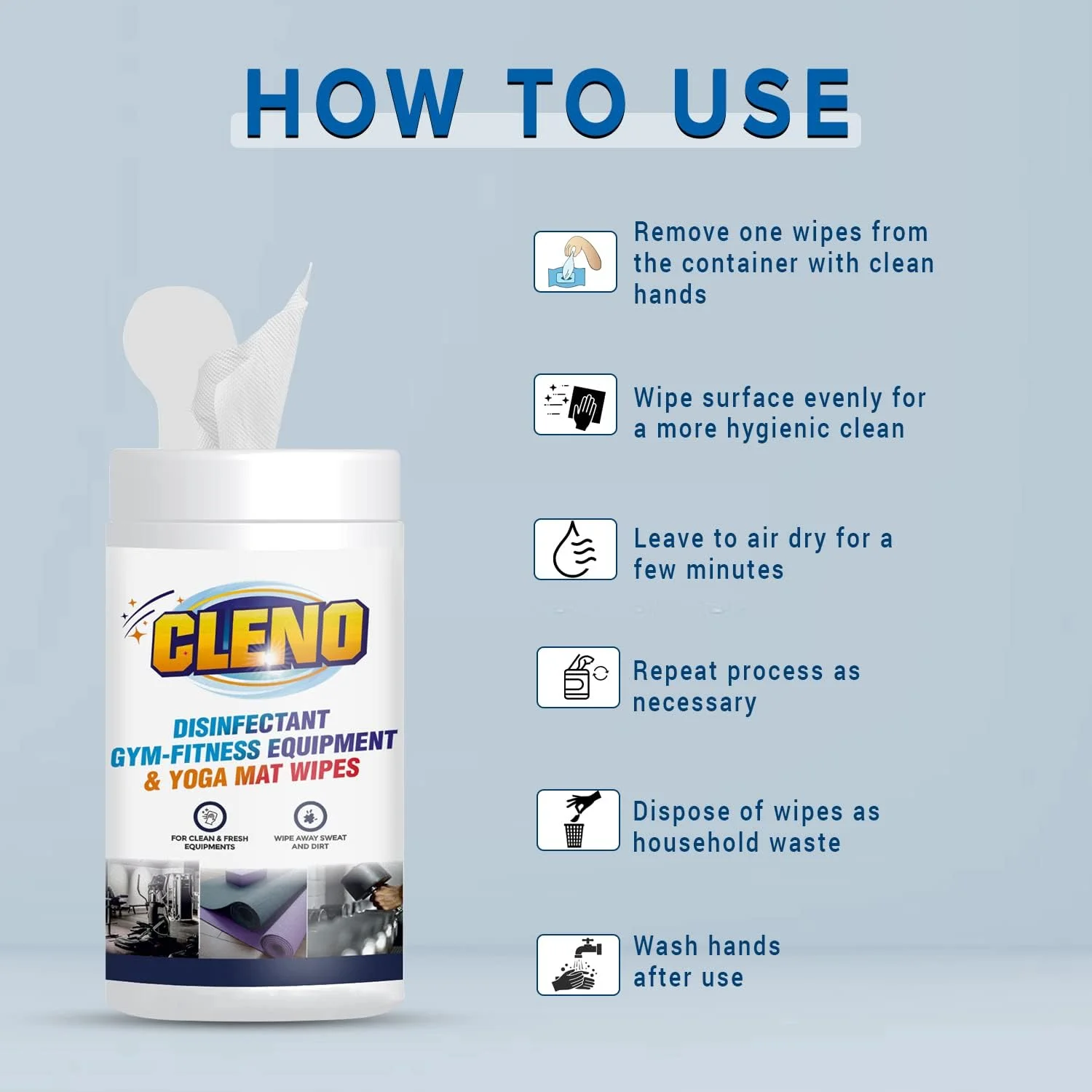 دستمال مرطوب ضدعفونی کننده تجهیزات ورزشی و مت یوگا کلنو | پاک کننده عرق و آلودگی - 50 عدد (آماده مصرف)