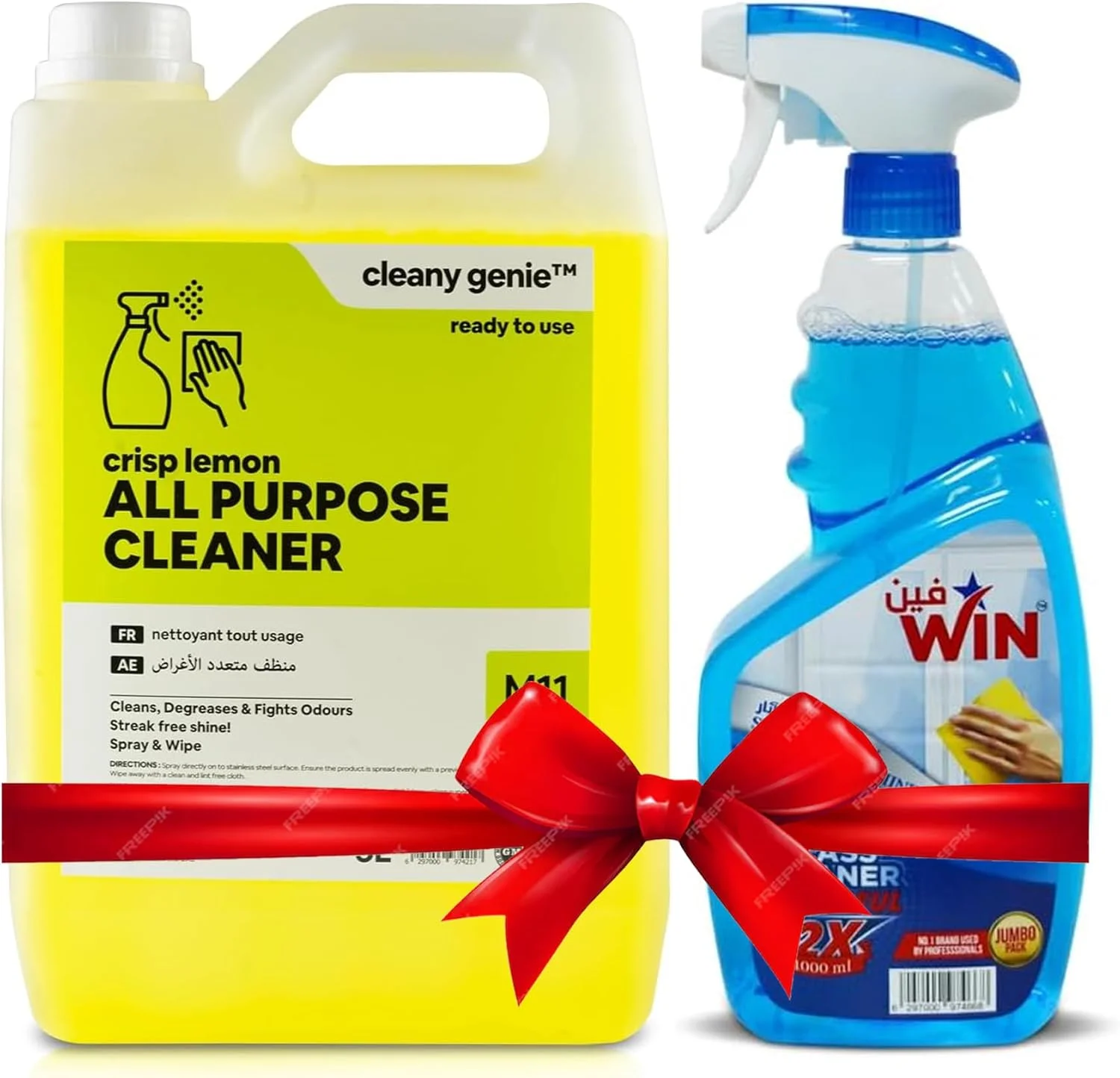 مجموعه پاک کننده همه منظوره Cleany Genie به همراه پاک کننده شیشه Win، 5000 میلی لیتر + 1000 میلی لیتر، رایحه لیمو، مجموعه ترکیبی تمیز کننده