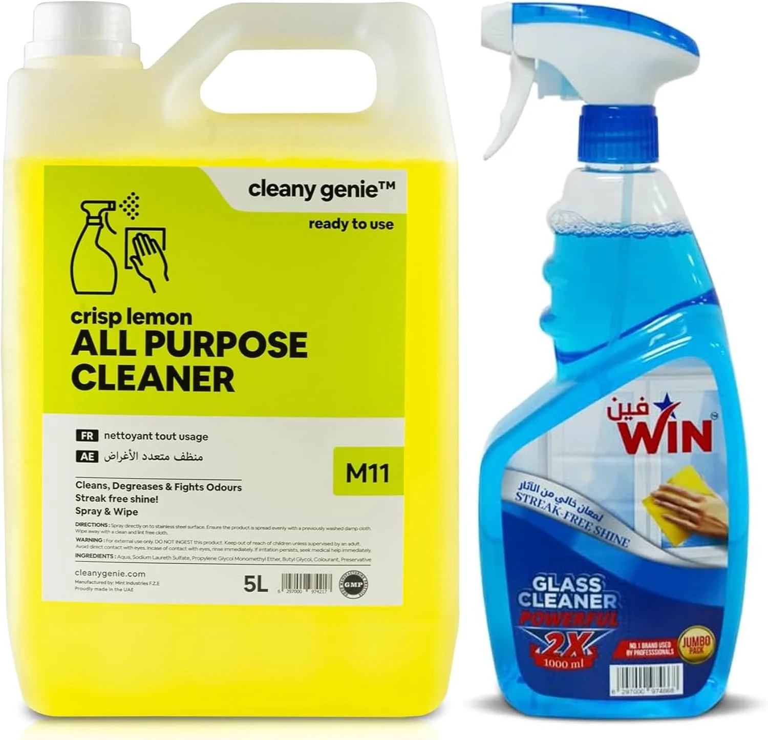 مجموعه پاک کننده همه منظوره Cleany Genie به همراه پاک کننده شیشه Win، 5000 میلی لیتر + 1000 میلی لیتر، رایحه لیمو، مجموعه ترکیبی تمیز کننده