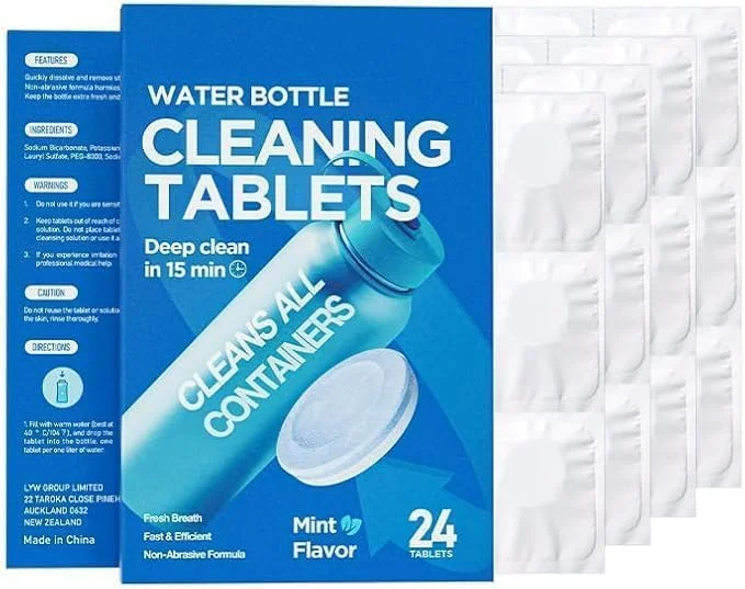قرص های تمیز کننده بطری آب، تمیز کننده استیل ضد زنگ، فلاسک، لیوان، عایق، پلاستیک، قرص های درخشان استفاده آسان و ایمن 24 عدد (طعم نعناع)