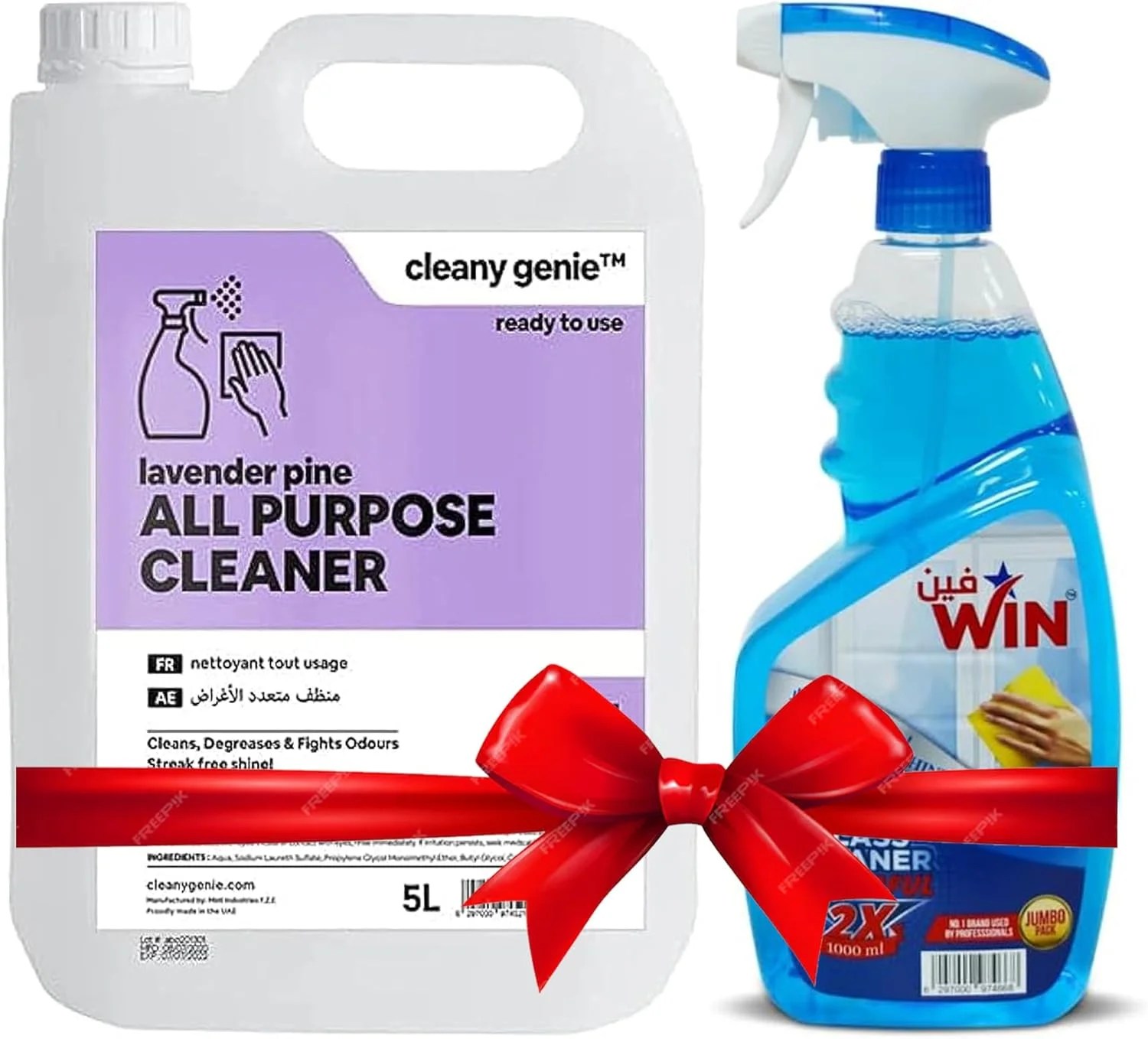 مجموعه پاک کننده همه منظوره با رایحه اسطوخودوس و کاج Cleany Genie به همراه شیشه پاک کن اصلی Win، 5000 میلی لیتر + 1000 میلی لیتر