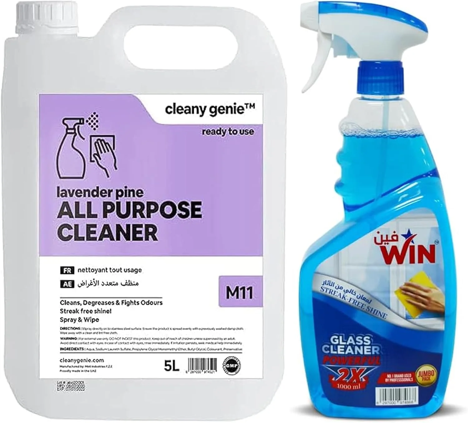 مجموعه پاک کننده همه منظوره با رایحه اسطوخودوس و کاج Cleany Genie به همراه شیشه پاک کن اصلی Win، 5000 میلی لیتر + 1000 میلی لیتر