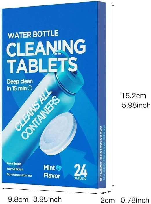 قرص های تمیز کننده بطری آب، تمیز کننده استیل ضد زنگ، فلاسک، لیوان، عایق، پلاستیک، قرص های درخشان استفاده آسان و ایمن 24 عدد (طعم نعناع)