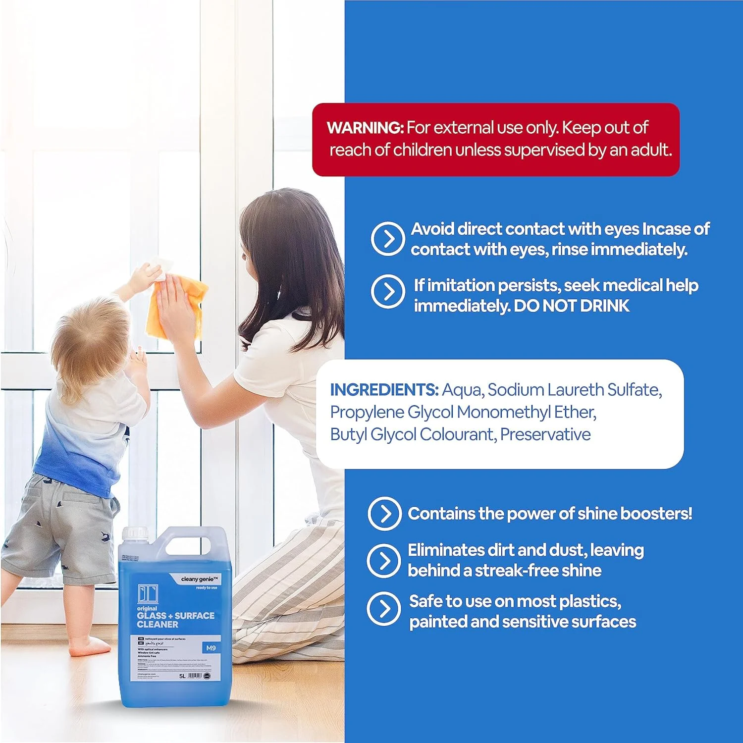 مایع شیشه پاک کن و تمیز کننده سطوح Cleany Genie، اورجینال، 5 لیتری، M9، بسته 4 عددی