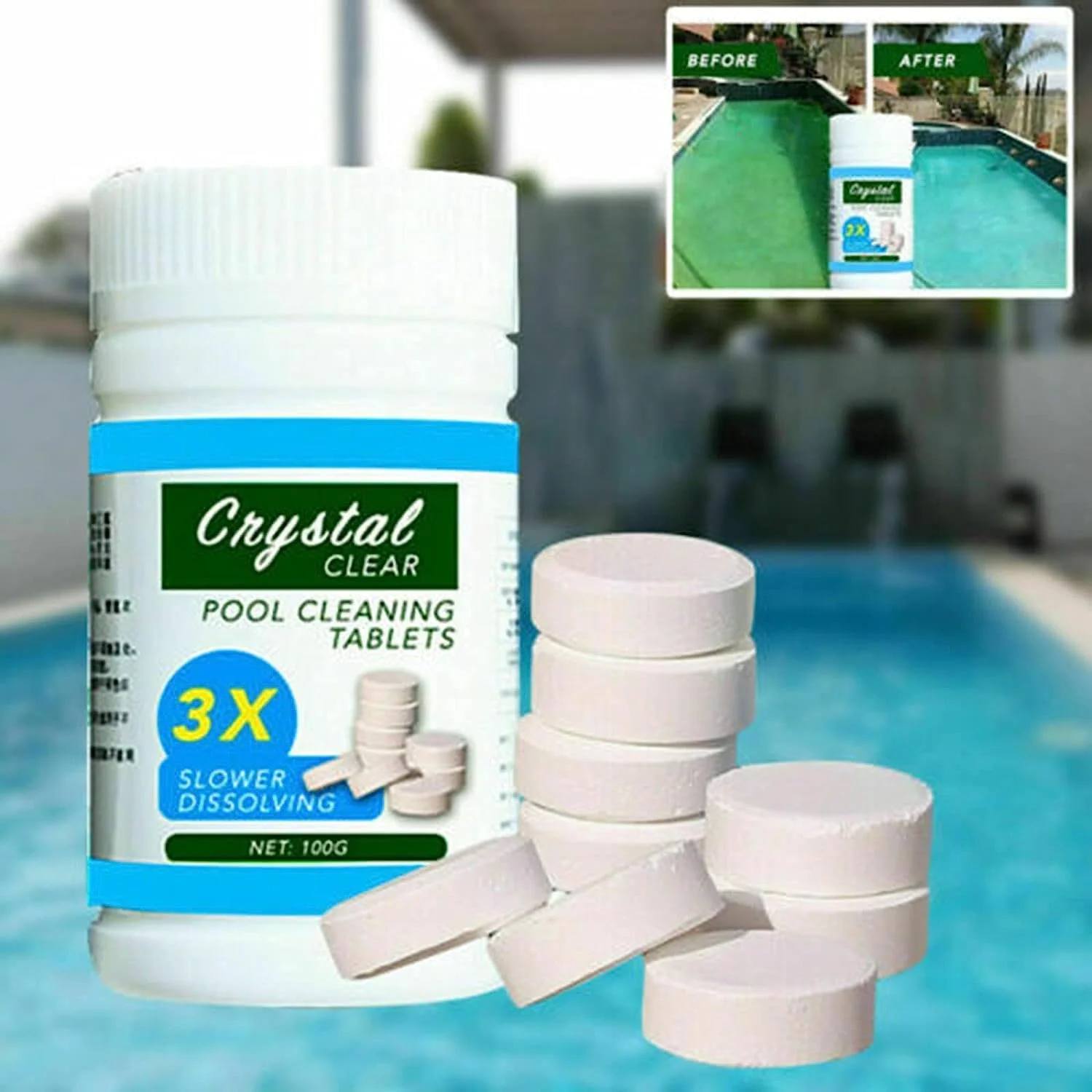 قرص جادویی تمیز کننده استخر (100 قرص در 1 بطری) قرص تمیز کننده جادویی استخر - قرص کلر جوشان ضد عفونی کننده و تمیز کننده استخر