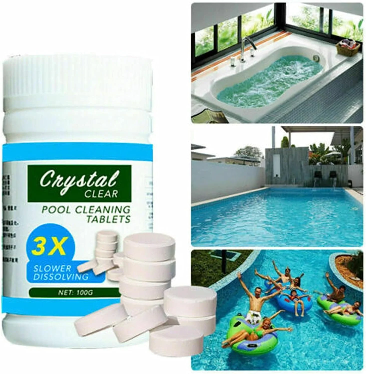 قرص جادویی تمیز کننده استخر (100 قرص در 1 بطری) قرص تمیز کننده جادویی استخر - قرص کلر جوشان ضد عفونی کننده و تمیز کننده استخر