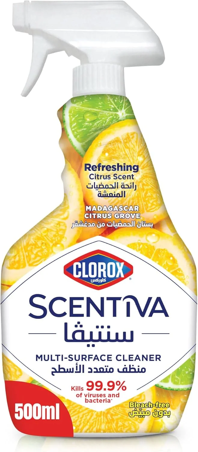 اسپری پاک کننده چند سطحی کلروکس سنتيوا 500 میلی لیتر، شکوفه بهاری ژاپنی، بدون سفید کننده، از بین برنده 99.9 درصد ویروس ها و باکتری ها