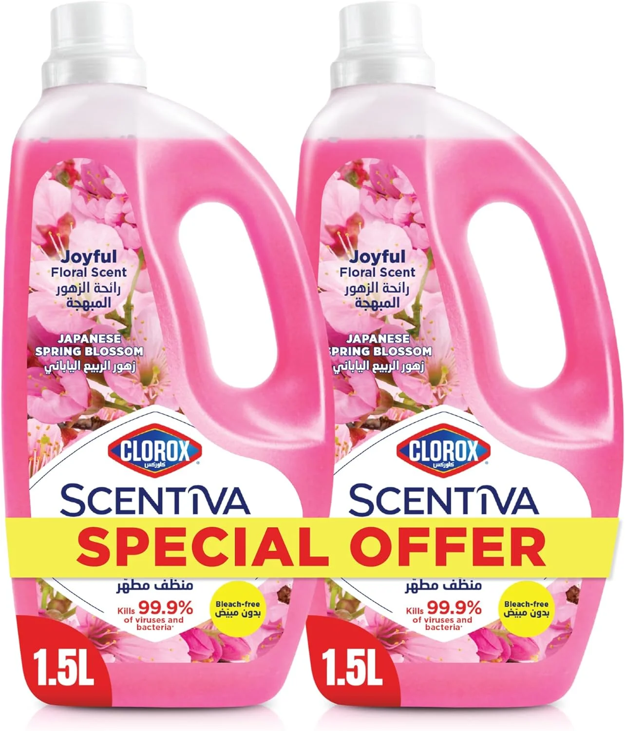 مایع ضدعفونی کننده کف شوی Clorox Scentiva با رایحه شکوفه بهاری ژاپنی، 1.5 لیتر، بسته دوتایی، بدون سفید کننده