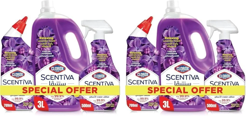 مجموعه اسطوخودوس توسکانی Clorox Scentiva، مایع تمیز کننده چند منظوره کف 1.5 لیتری، تمیز کننده چند سطحی 500 میلی لیتری، تمیز کننده توالت Scentiva 709 میلی لیتری (بسته 2 عددی)