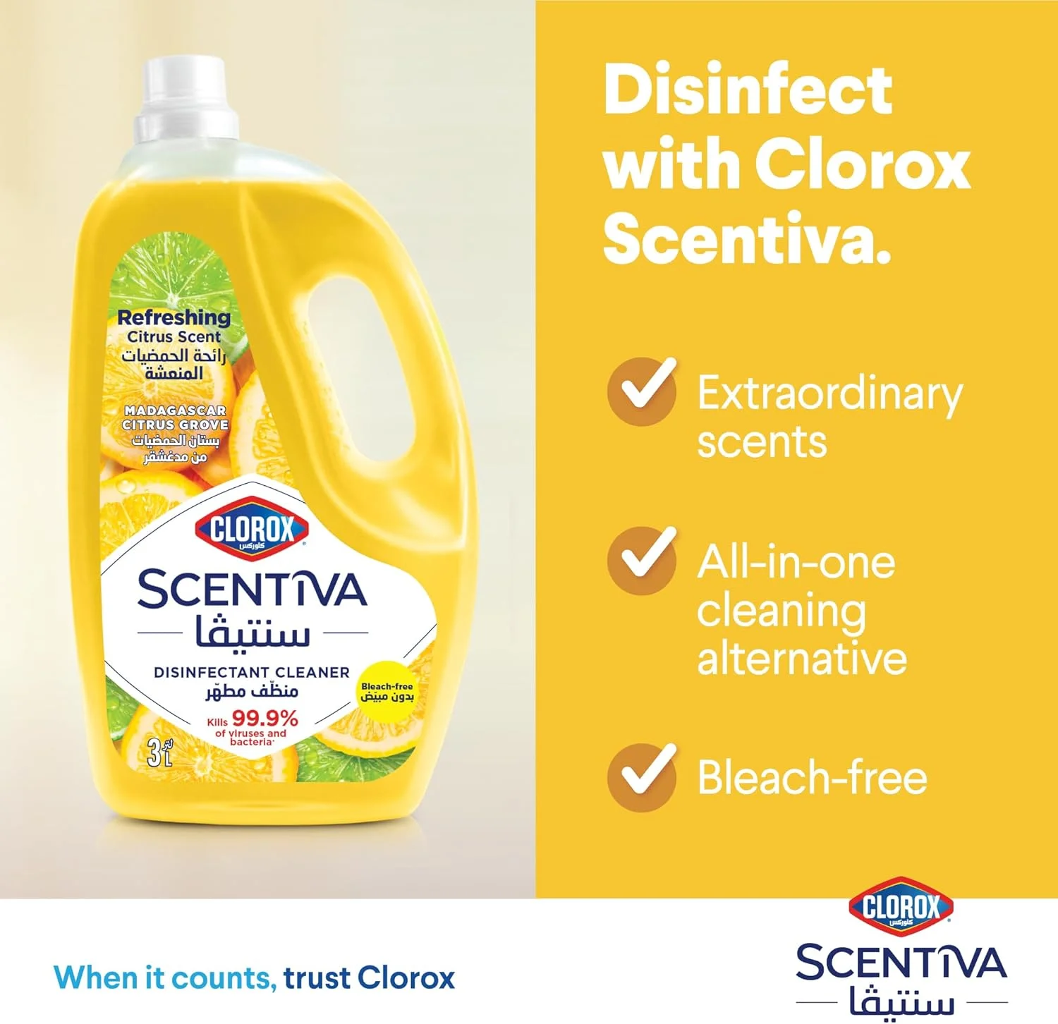 مایع ضدعفونی کننده کف کلروکس سنتiva با رایحه مرکبات ماداگاسکار، 3 لیتر، از بین برنده 99.9% ویروس ها و باکتری ها، بدون سفید کننده مایع ضدعفونی کننده کف کلروکس سنتiva با رایحه مرکبات ماداگاسکار، 3 لیتر، از بین برنده 99.9% ویروس ها و باکتری ها، بدون سفید کننده