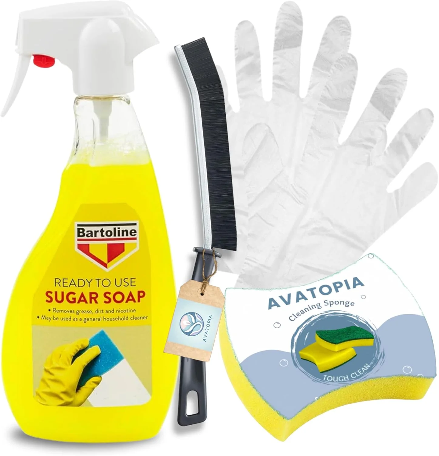 مجموعه اسپری صابون قندی بارتو لاین (500 میلی لیتر)، اسفنج، برس درزگیر و دستکش پلاستیکی | تمیز کننده دیوار برای دیوارهای رنگ شده، صابون قندی برای تمیز کردن، ابزار تمیز کردن حمام، از بین برنده چربی، جرم و لکه های نیکوتین