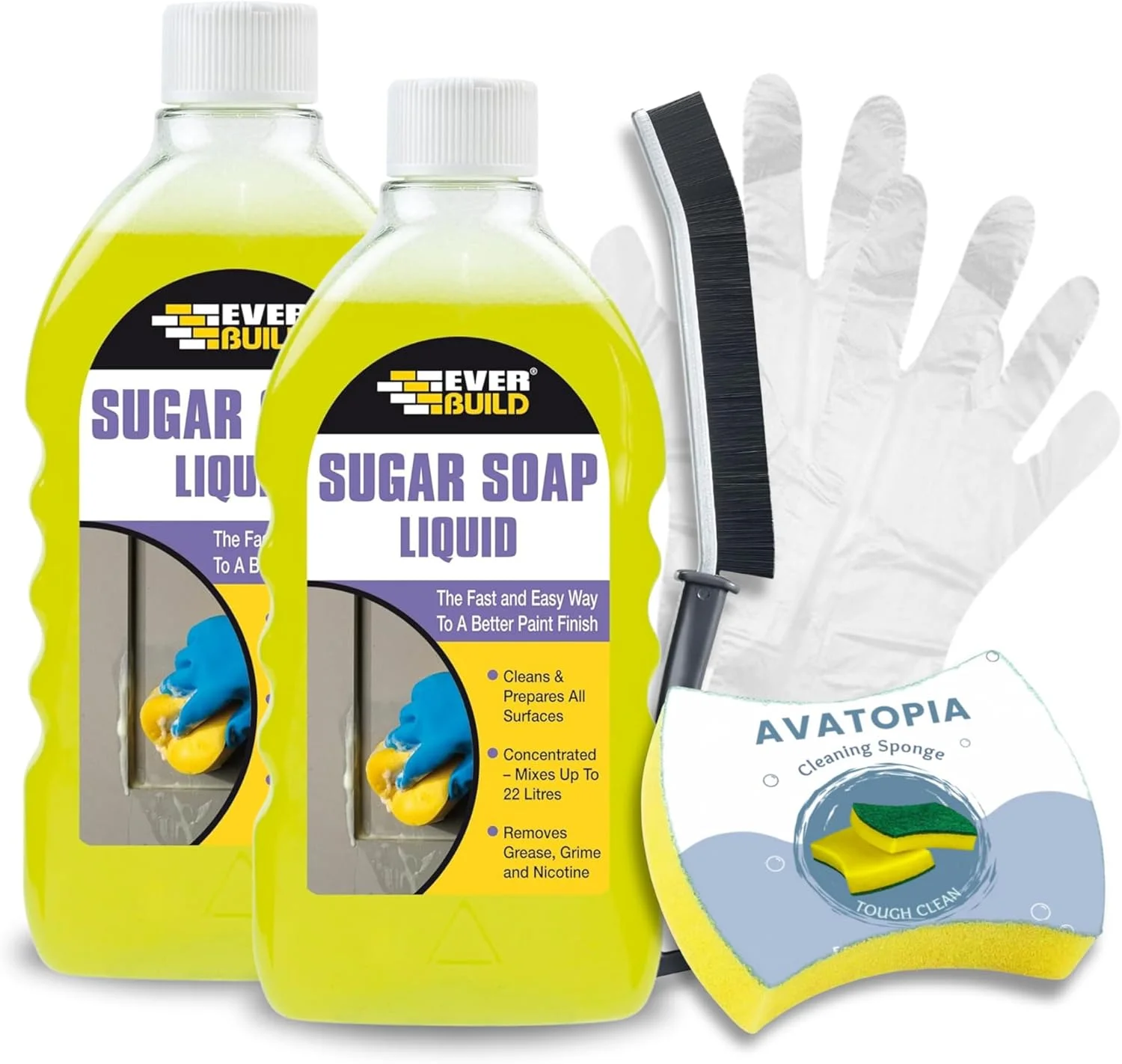 مایع صابون قندی Ever Build، 2 عدد (500 میلی لیتر)، اسفنج، برس درزگیر و دستکش پلاستیکی | پاک کننده دیوار برای دیوارهای رنگ شده، صابون قندی برای تمیز کردن، پاک کننده حمام، از بین برنده چربی، جرم و لکه های نیکوتین