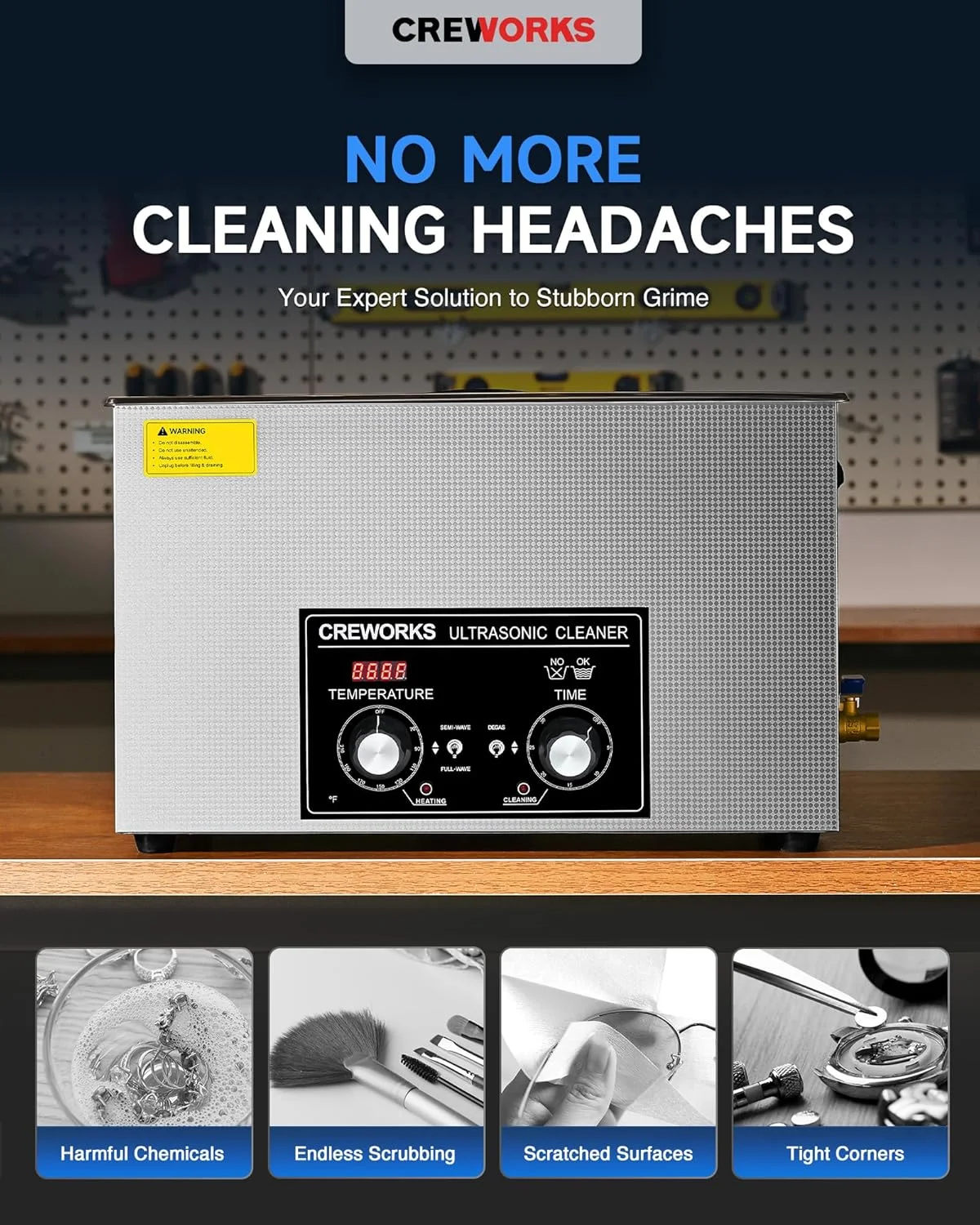 دستگاه تمیز کننده التراسونیک CREWORKS با ظرفیت 30 لیتر، هیتر و تایمر، دستگاه تمیز کننده التراسونیک 600 واتی استیل با حالت های گاز زدایی و ملایم