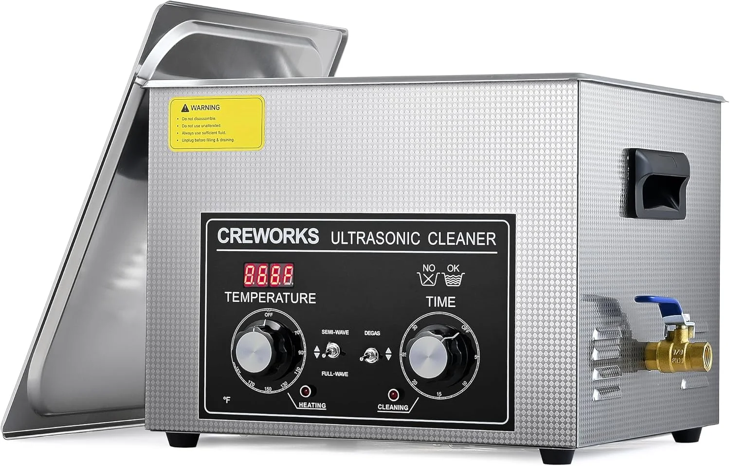 دستگاه تمیز کننده اولتراسونیک 15 لیتری CREWORKS با گرمکن و تایمر، دستگاه تمیز کننده اولتراسونیک 360 واتی استیل ضد زنگ با حالت های گاز زدایی و ملایم، تمیز کننده قطعات