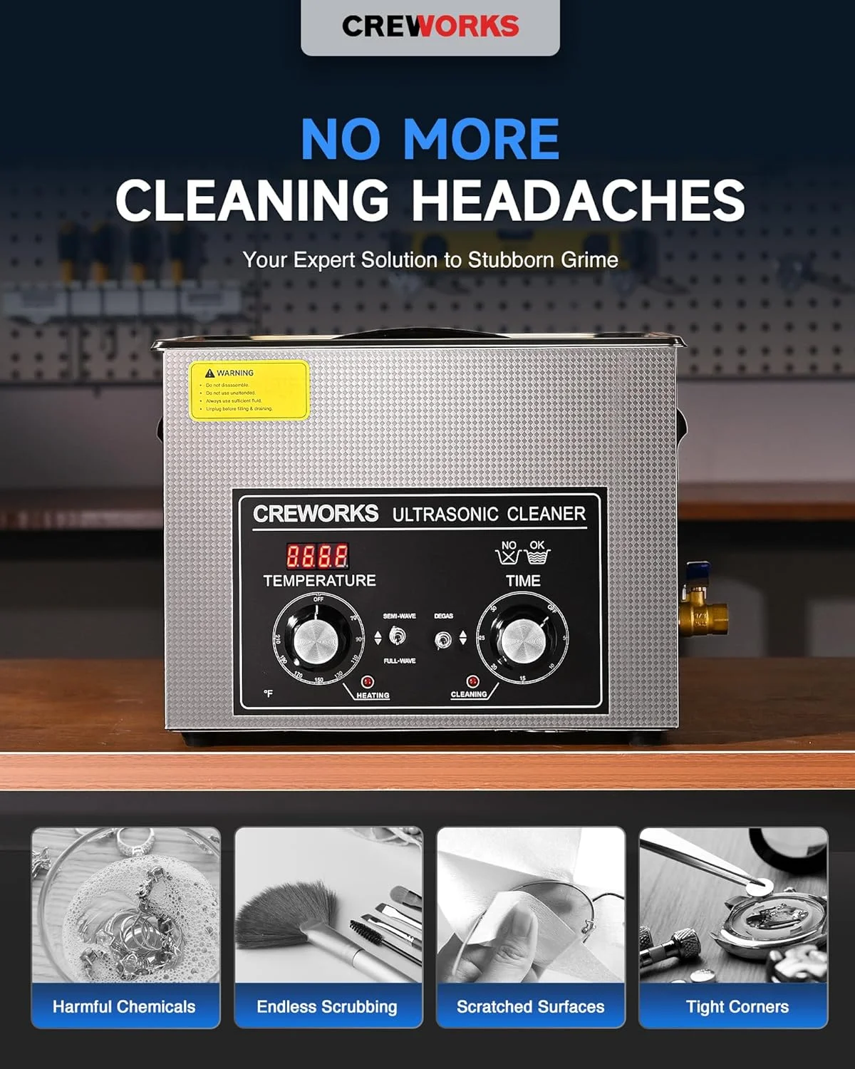 دستگاه تمیز کننده اولتراسونیک 15 لیتری CREWORKS با گرمکن و تایمر، دستگاه تمیز کننده اولتراسونیک 360 واتی استیل ضد زنگ با حالت های گاز زدایی و ملایم، تمیز کننده قطعات