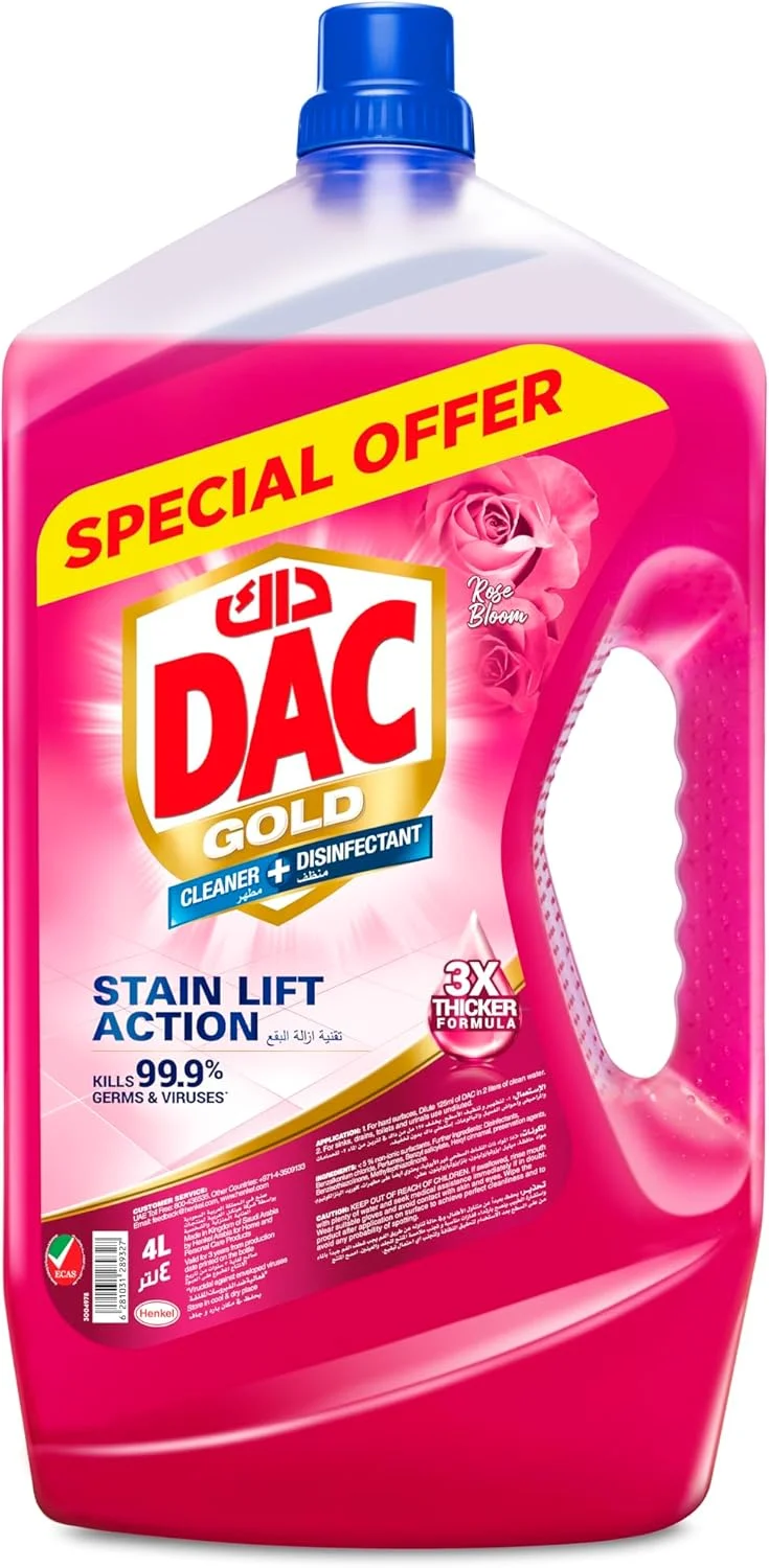 مایع تمیز کننده و ضدعفونی کننده چند منظوره داک گلد، 4 لیتر، رایحه رز، فرمولاسیون 3 برابر غلیظ تر، قدرت لکه بری