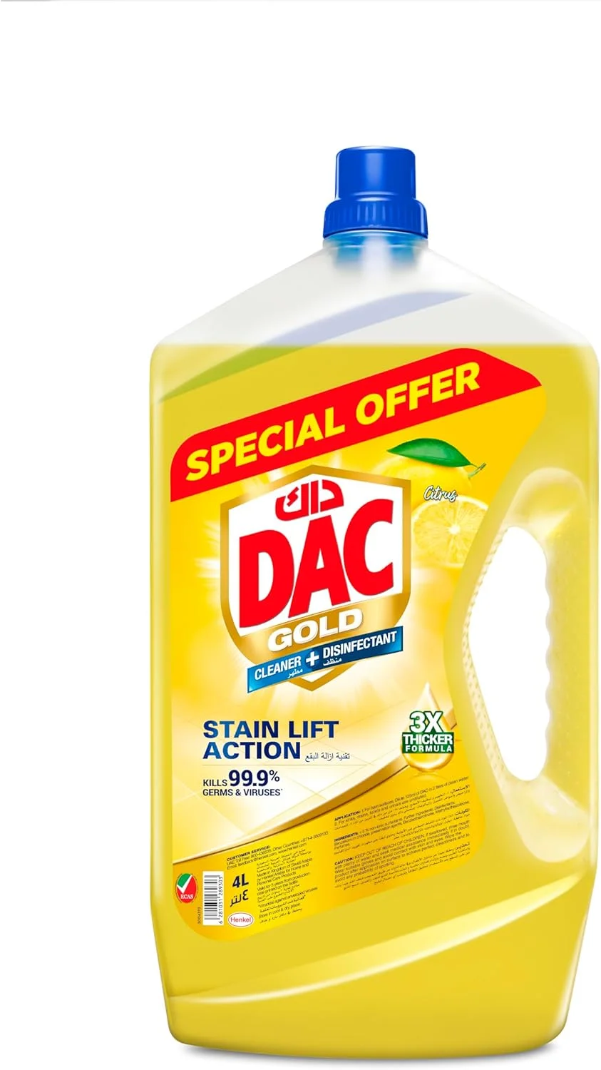 مایع تمیز کننده و ضد عفونی کننده چند منظوره داک طلایی، 4 لیتر، رایحه مرکبات، قدرت لکه بری، فرمولاسیون 3 برابر غلیظ تر