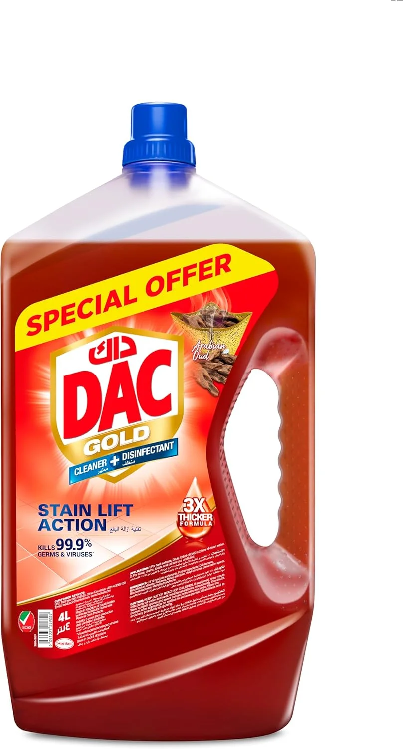 مایع تمیز کننده و ضدعفونی کننده چند منظوره داک گلد، 4 لیتر، رایحه عود، با قابلیت لکه بری، فرمولاسیون 3 برابر غلیظ تر